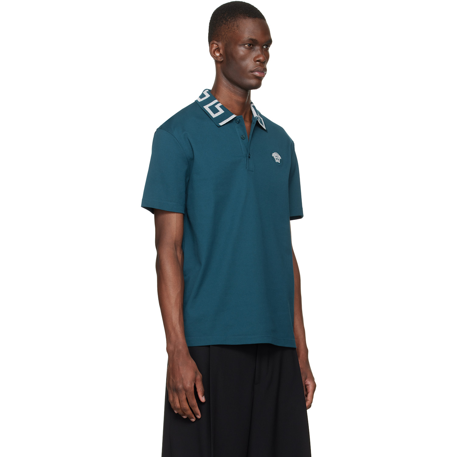  Versace Blue Embroidered Cotton Piqué Polo 