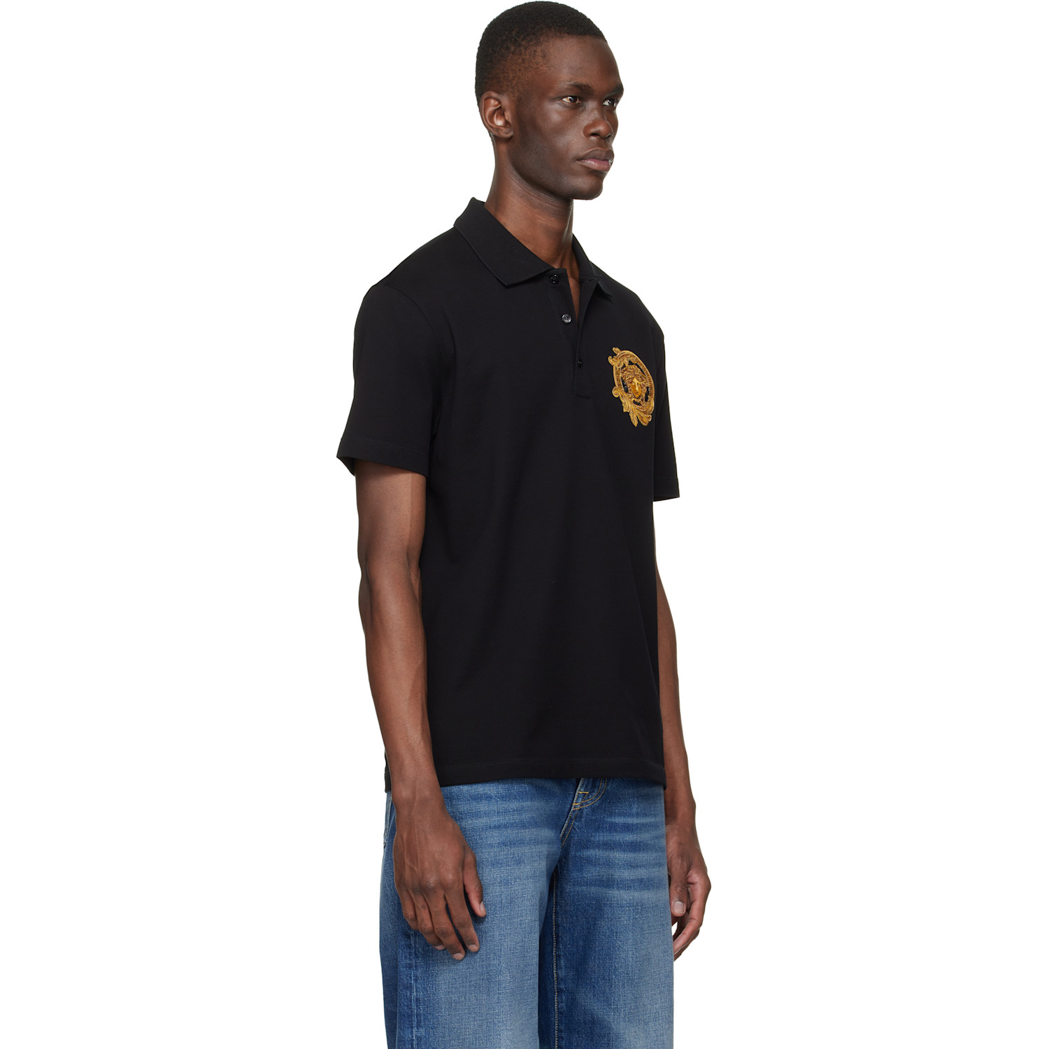  Versace Black Embroidered Cotton Piqué Polo 