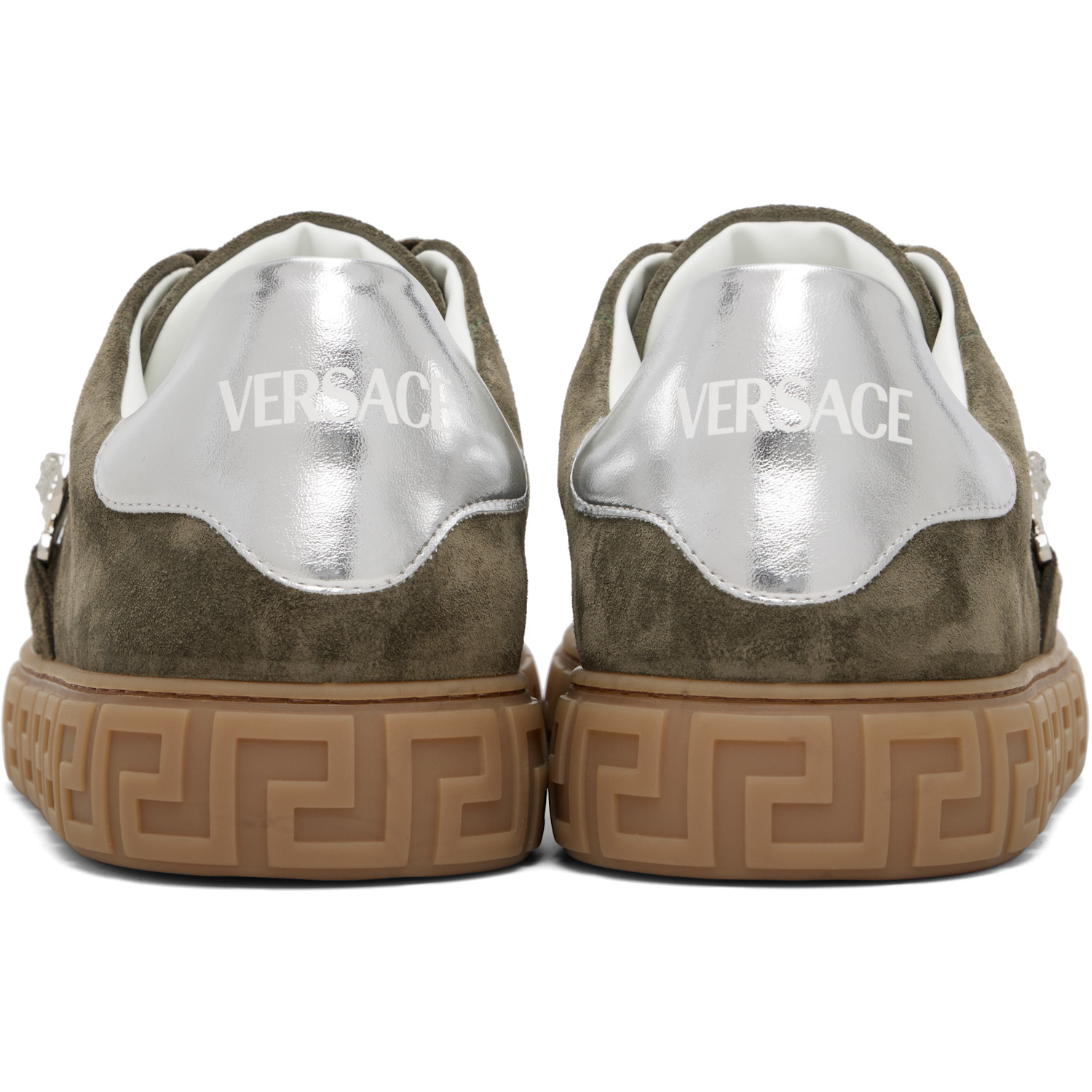  Versace Khaki Greca Embellished Suede Sneakers 