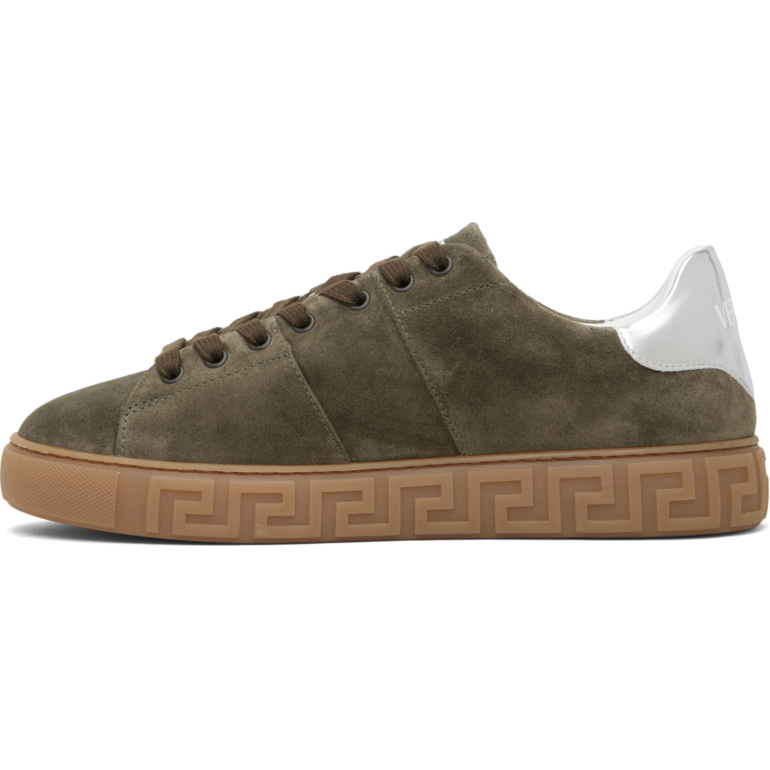  Versace Khaki Greca Embellished Suede Sneakers 