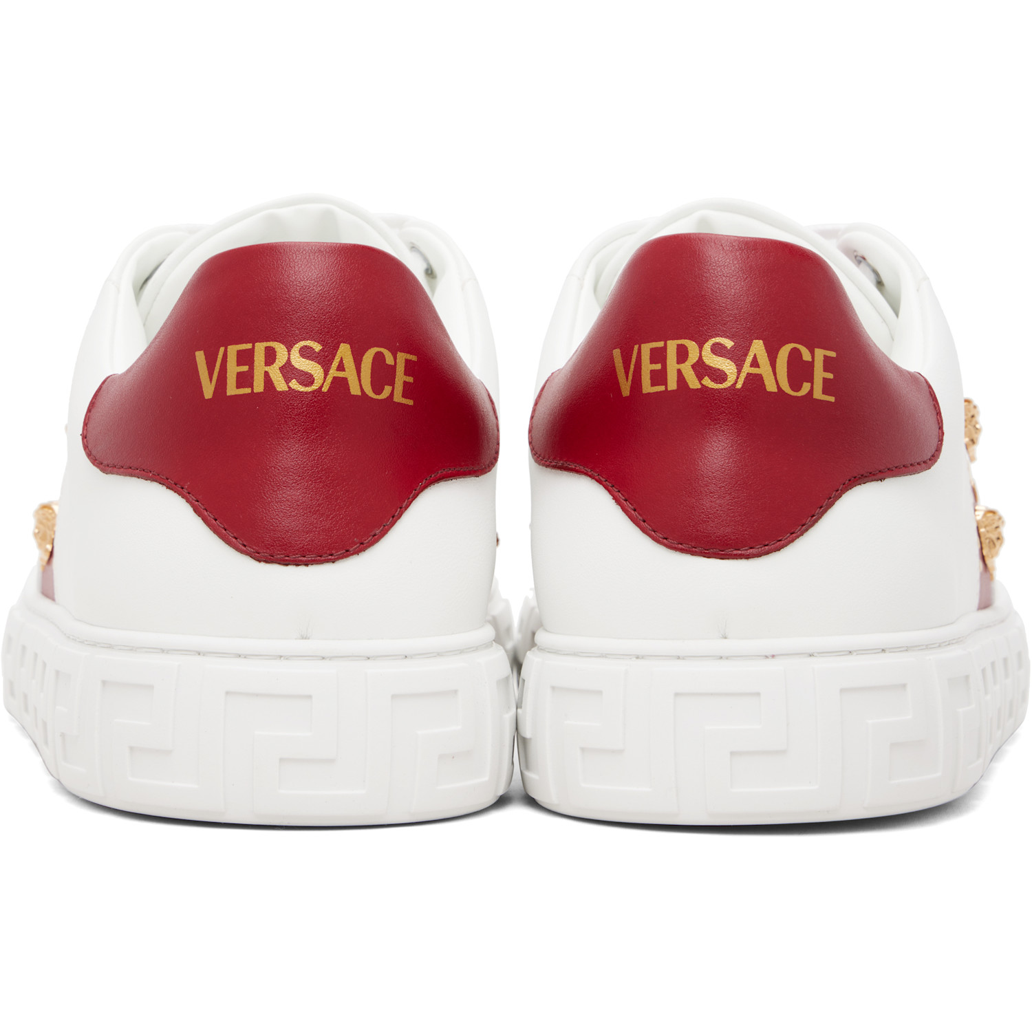  Versace White & Red Greca Embellished Faux-leather Sneakers 