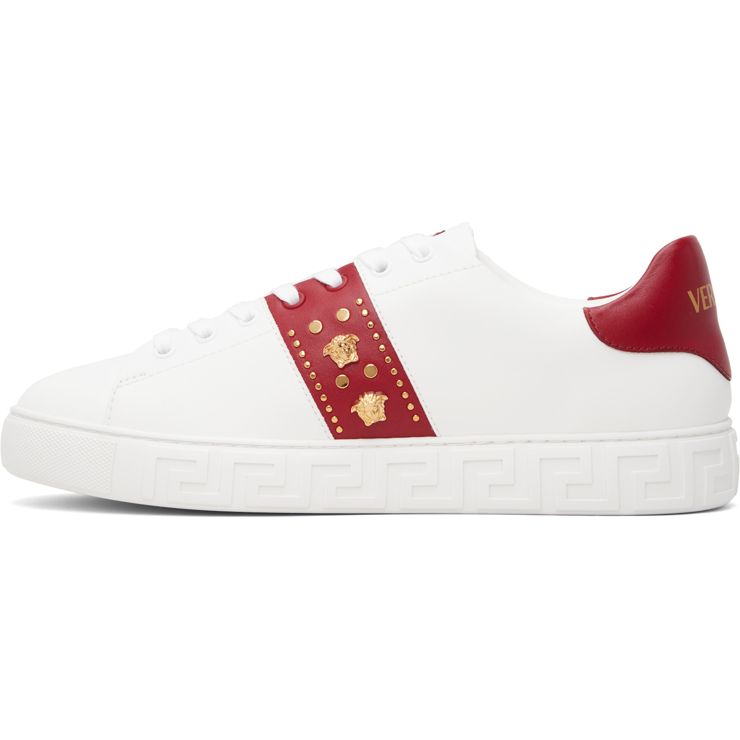 Versace White & Red Greca Embellished Faux-leather Sneakers 