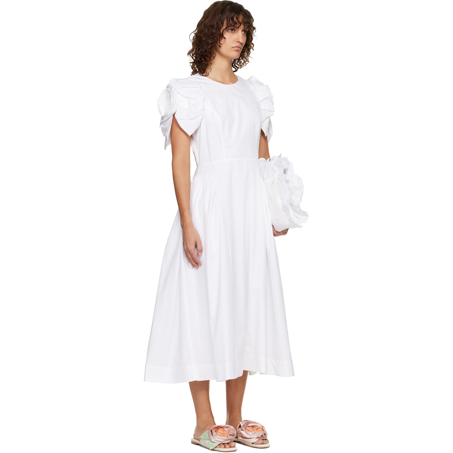  Simone Rocha White Rose Puff Sleeve Hip Midi Dress 