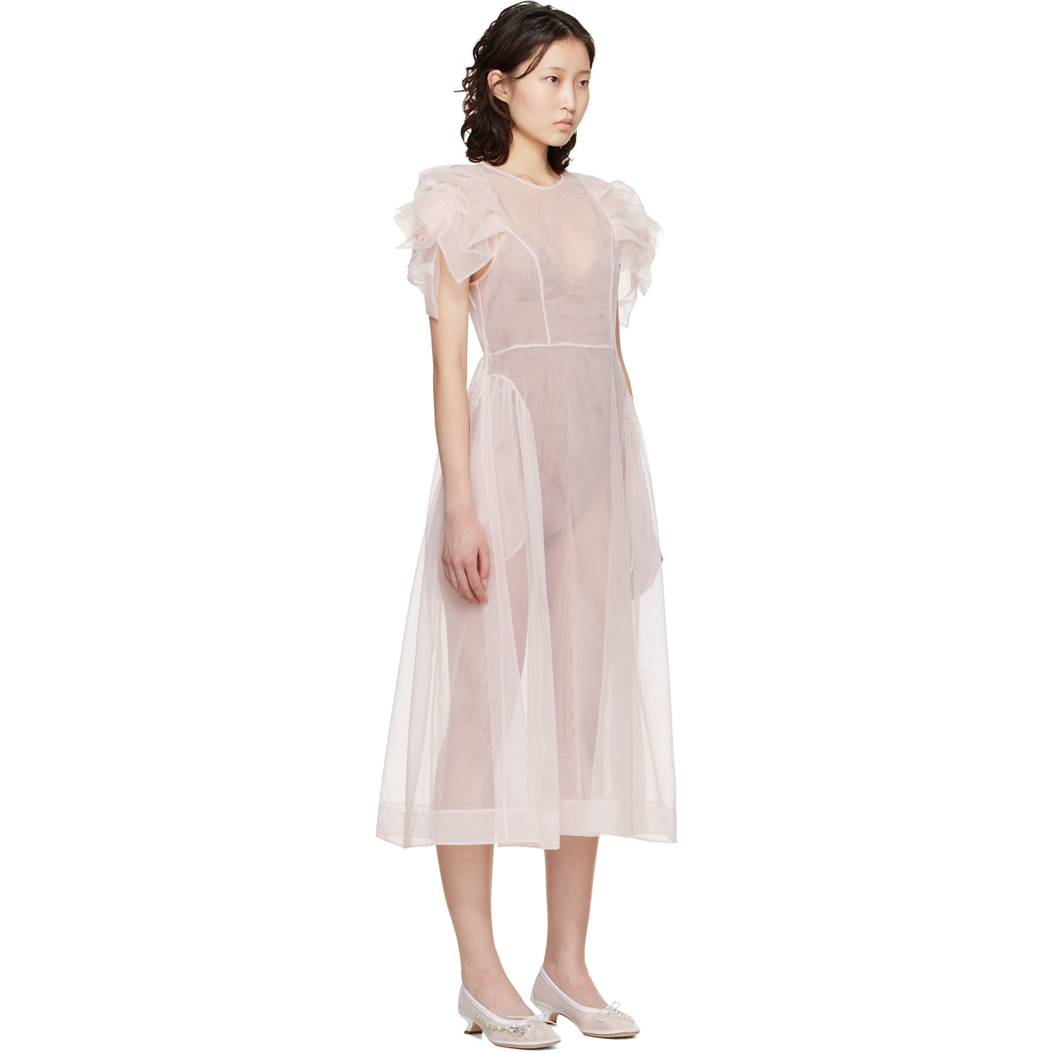  Simone Rocha Pink Rose Puff Sleeve Hip Midi Dress 
