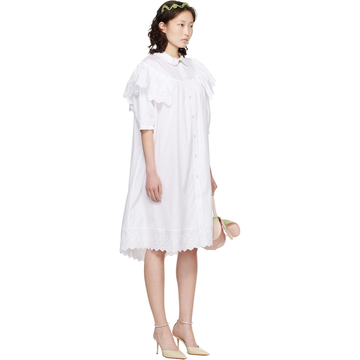  Simone Rocha White Puff Sleeve Ruffle Frill Trim Shirt Midi Dress 