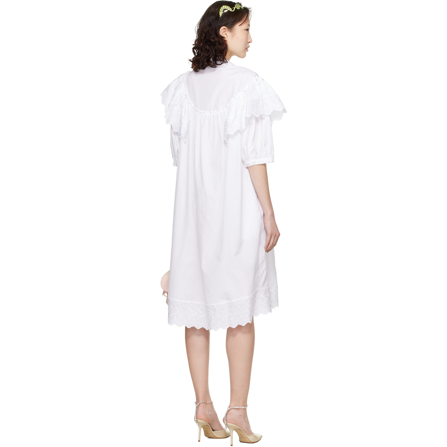  Simone Rocha White Puff Sleeve Ruffle Frill Trim Shirt Midi Dress 
