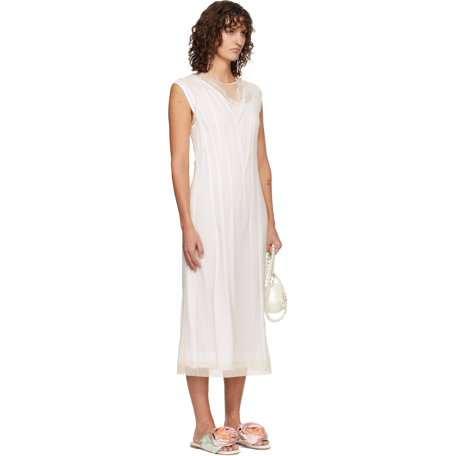  Simone Rocha White & Beige Layered Liquid Lace Trim Midi Dress 