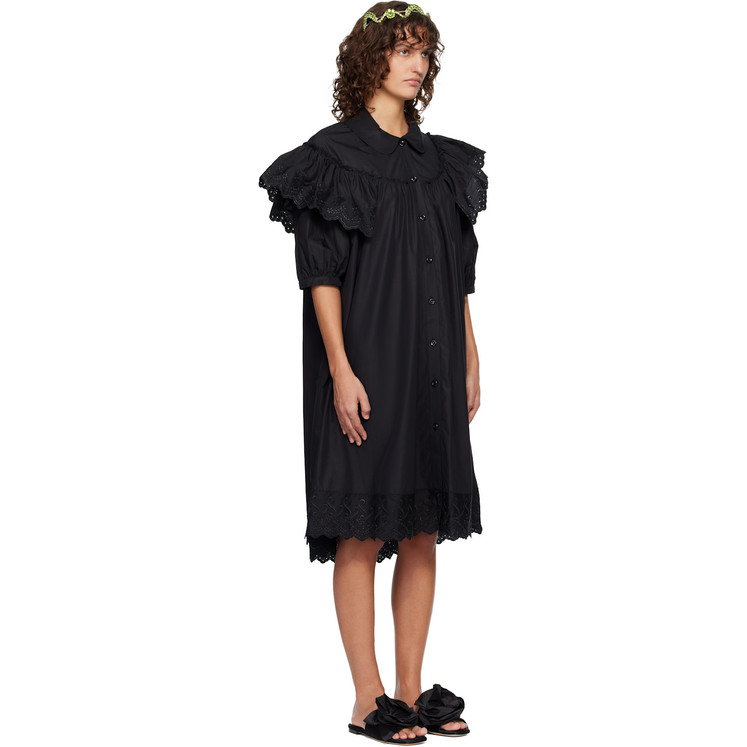  Simone Rocha Black Puff Sleeve Ruffle Frill Trim Shirt Midi Dress 