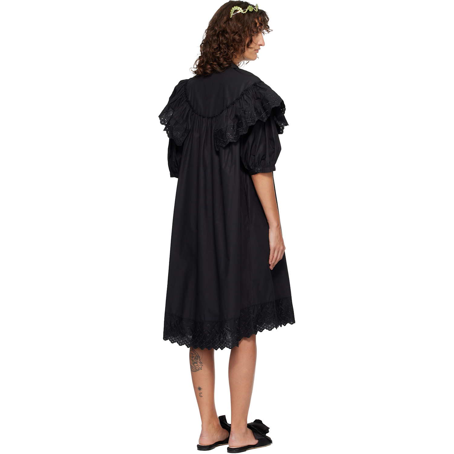  Simone Rocha Black Puff Sleeve Ruffle Frill Trim Shirt Midi Dress 