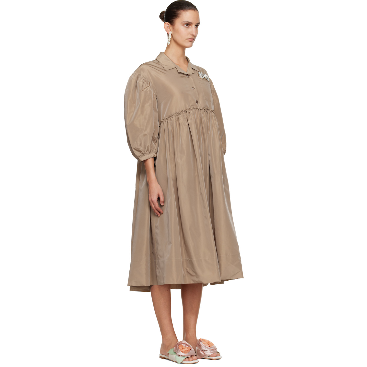  Simone Rocha Tan Embellished Signature Smock Shirt Midi Dress 
