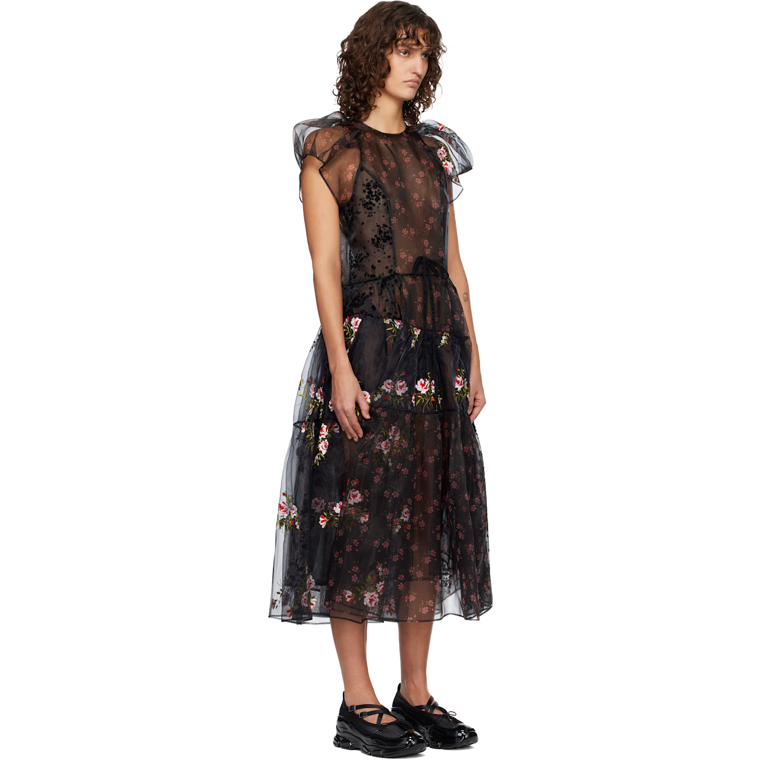  Simone Rocha Black Sheer Puff Sleeve Patchwork Flounce Midi Dress 
