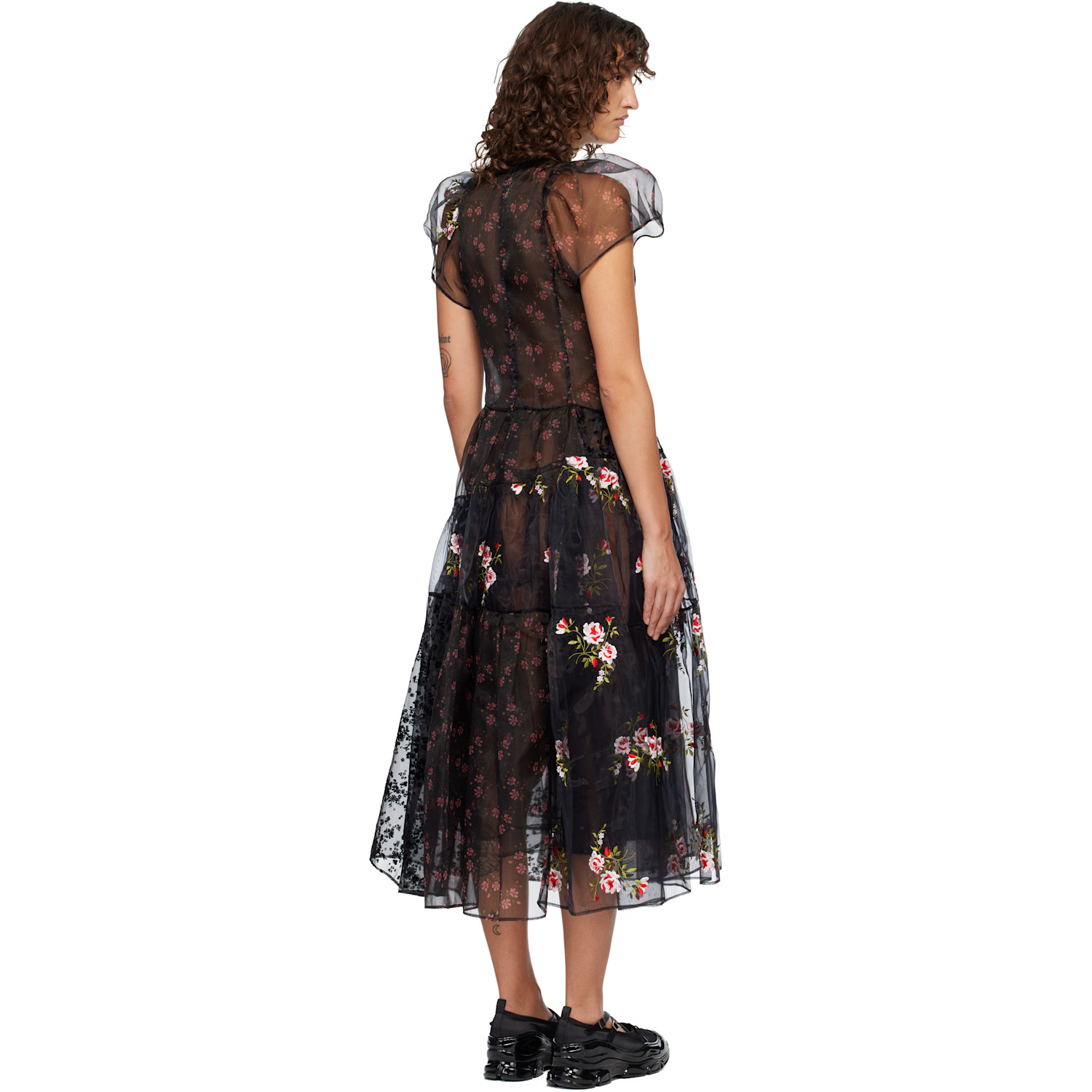  Simone Rocha Black Sheer Puff Sleeve Patchwork Flounce Midi Dress 