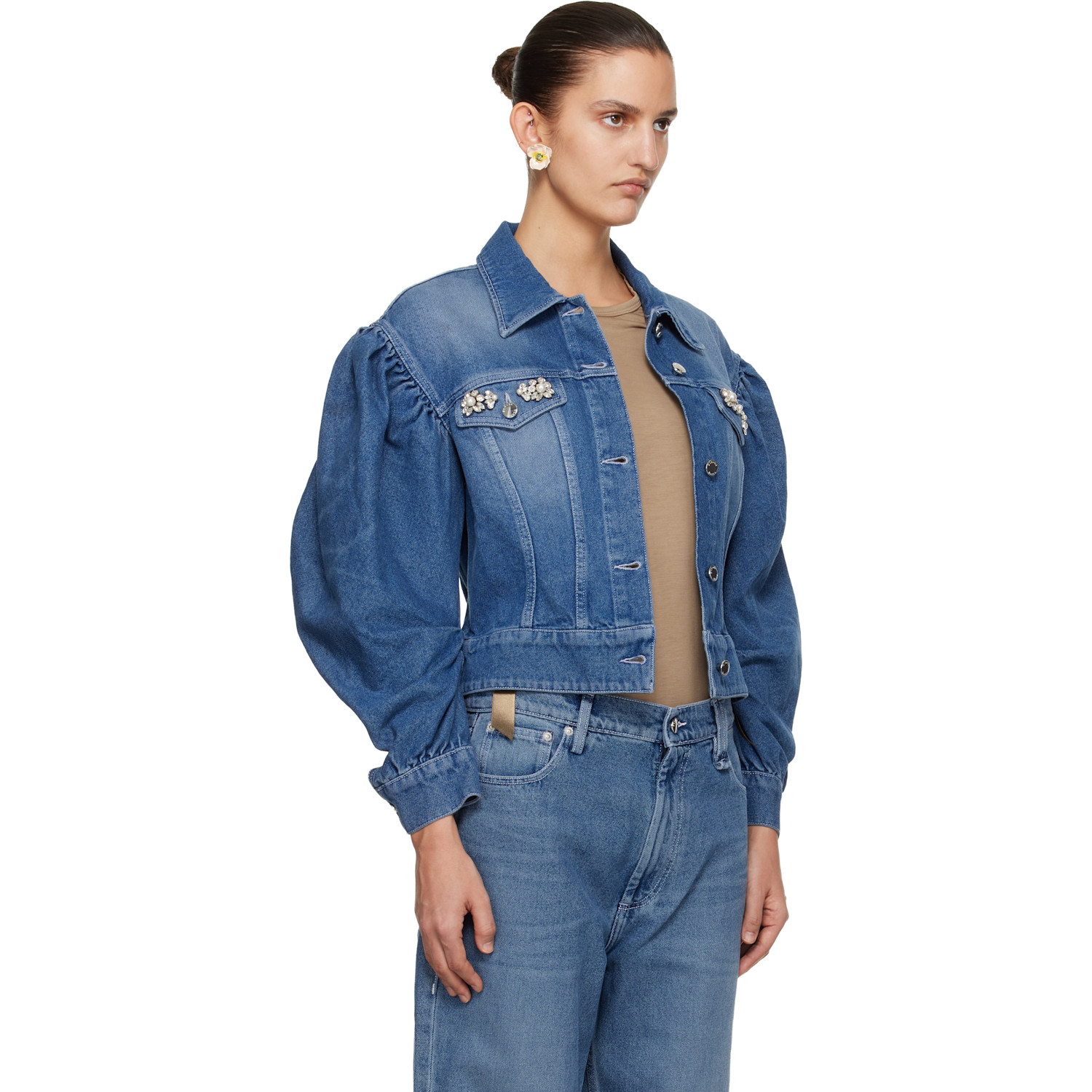  Simone Rocha Blue Embellished Sculpted Draped Sleeve Denim Jacket 