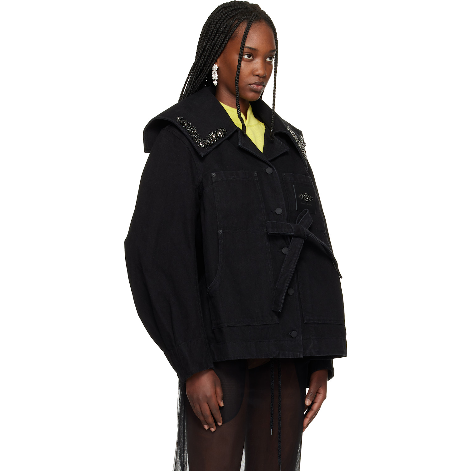  Simone Rocha Black Sailor Collar Workwear Bow Denim Jacket 