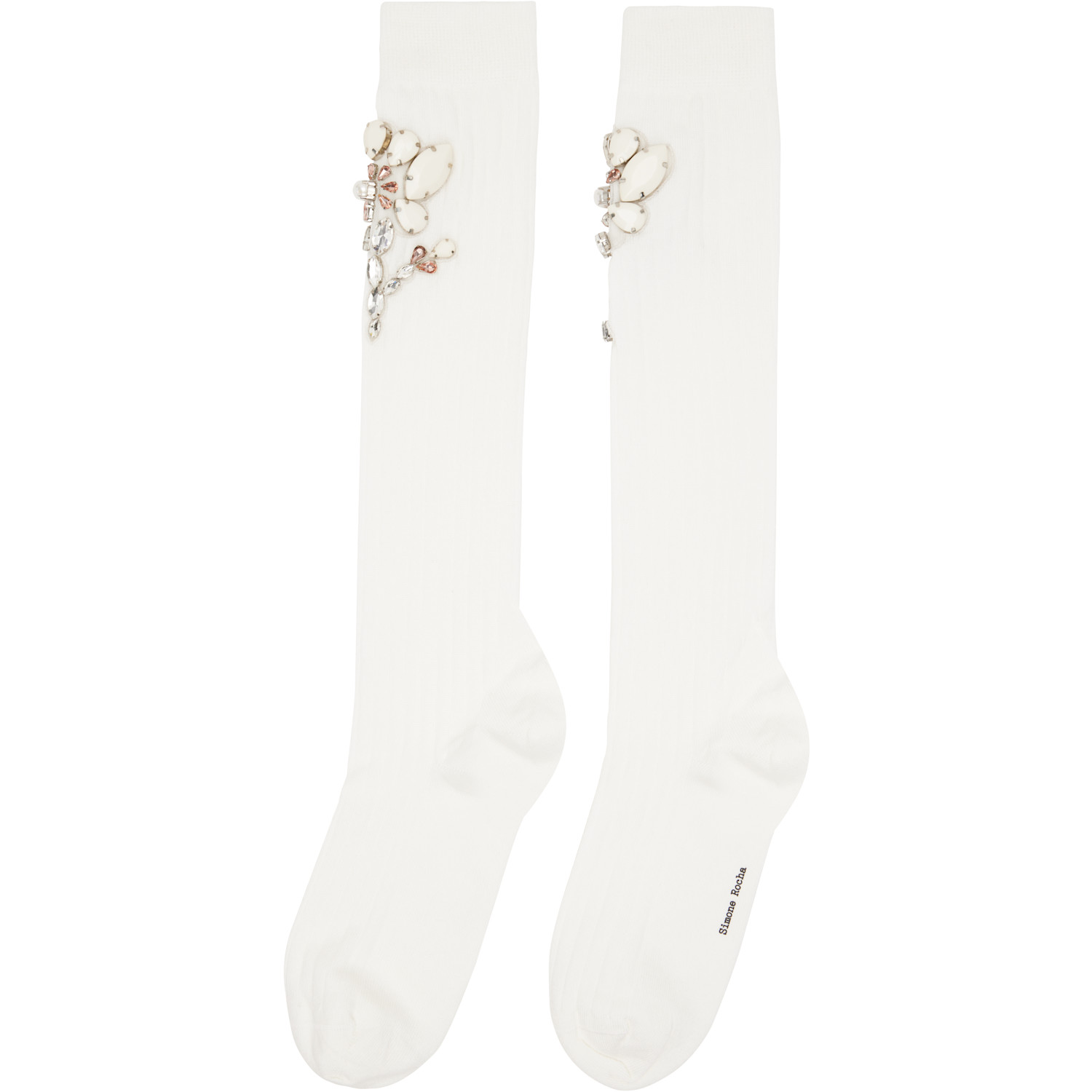  Simone Rocha White Poppy Crystal Flower Ribbed Knee Socks 