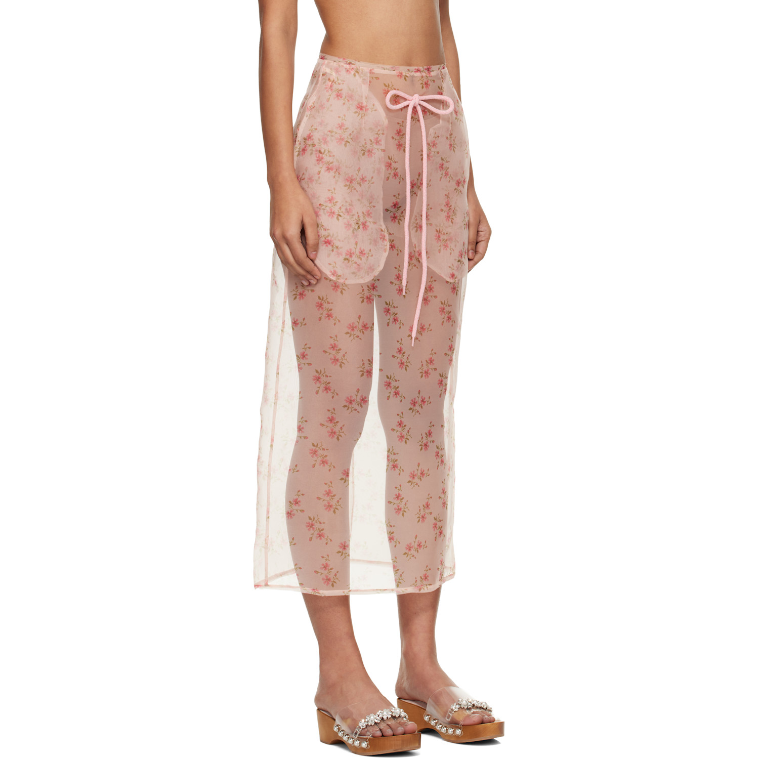  Simone Rocha Pink Sheer Frayed Column Pencil Midi Skirt 