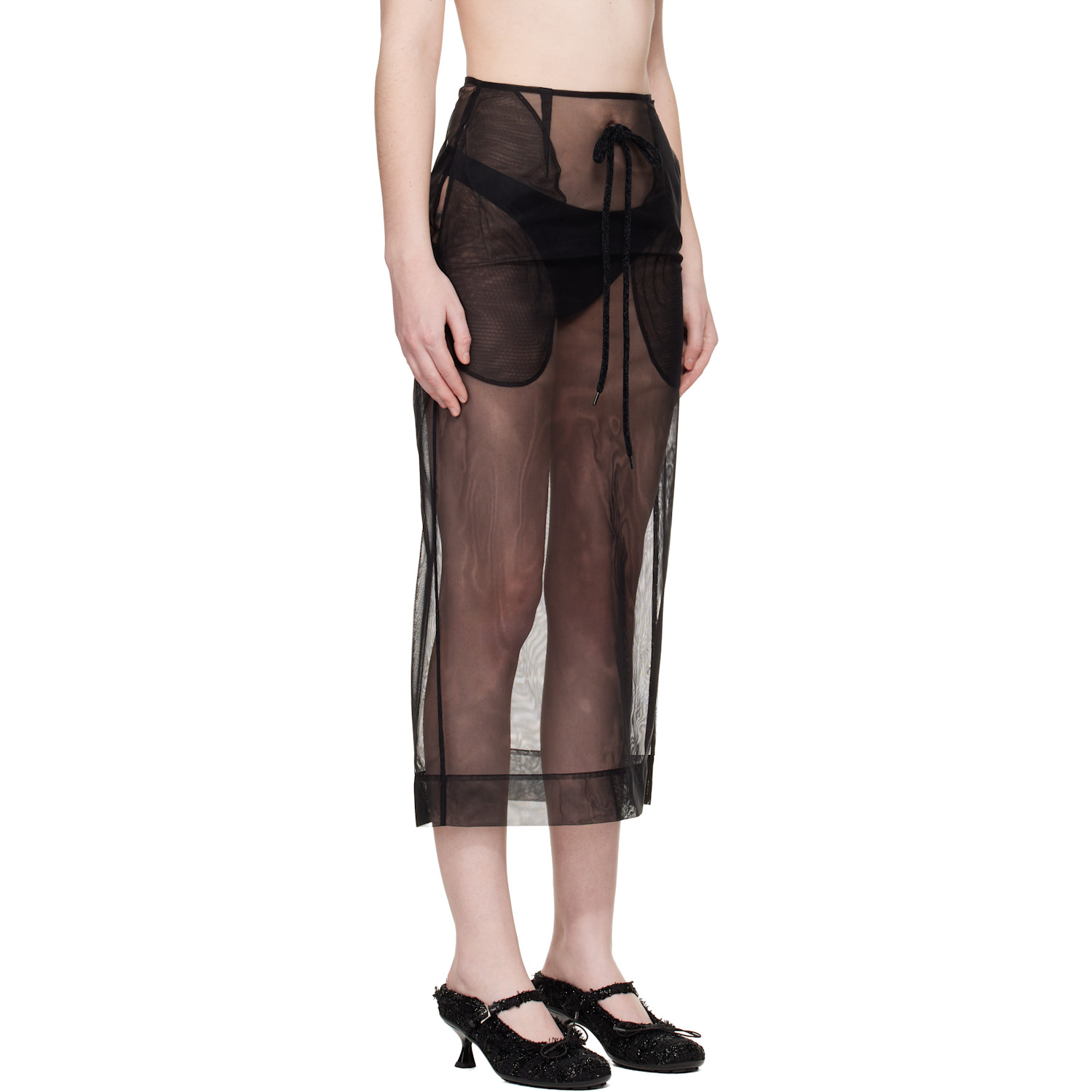  Simone Rocha Black Sheer Frayed Column Pencil Midi Skirt 
