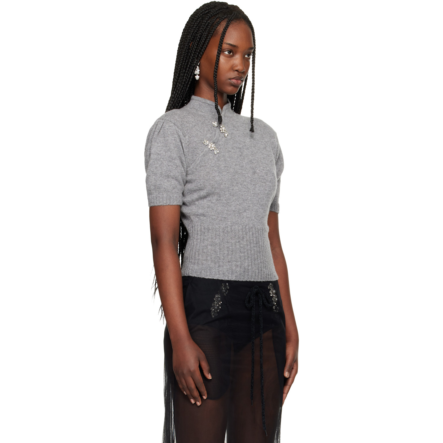  Simone Rocha Gray Embellished Mandarin Collar Cashmere Sweater 