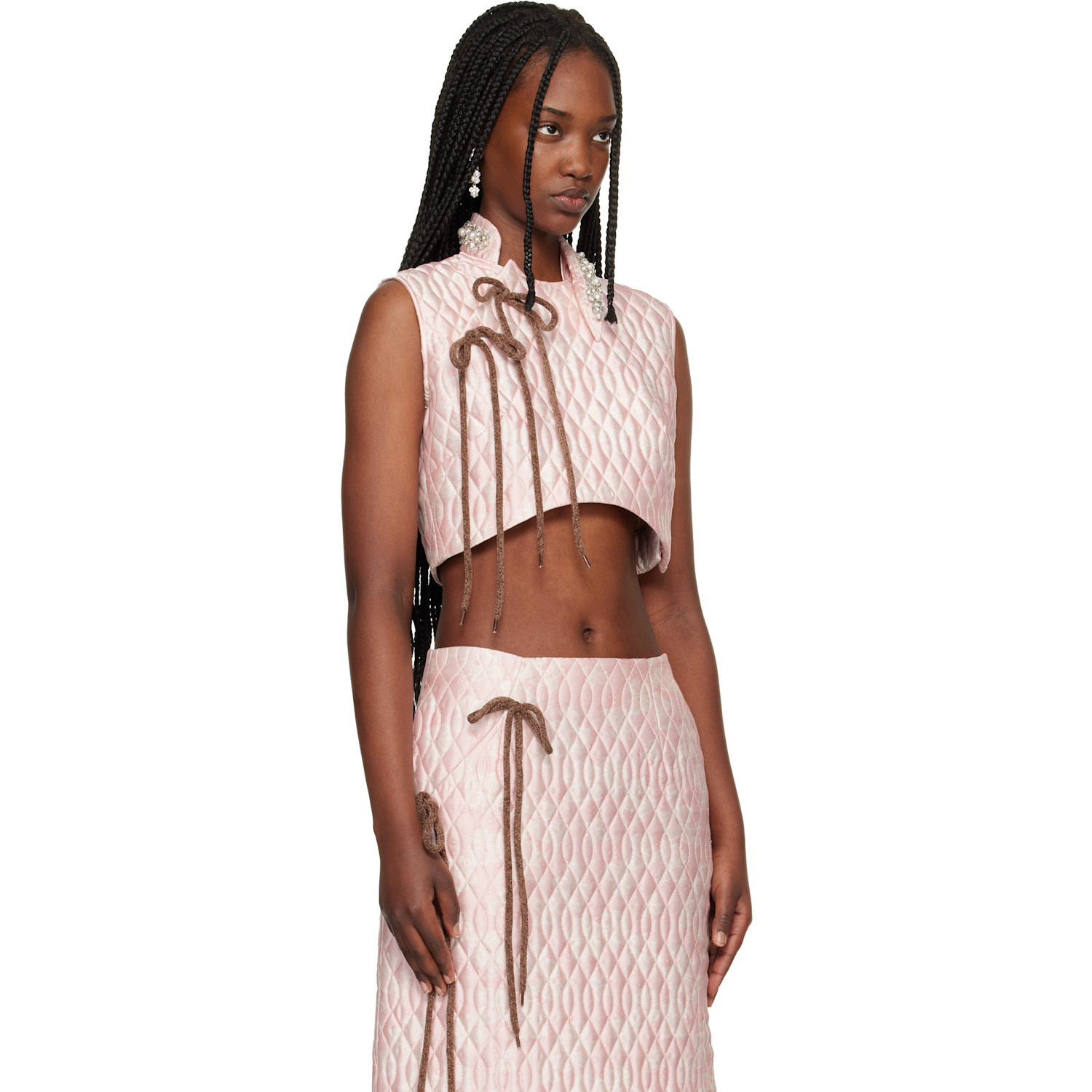  Simone Rocha Pink Embellished Quilted Offset Fragment Collar Blouse 