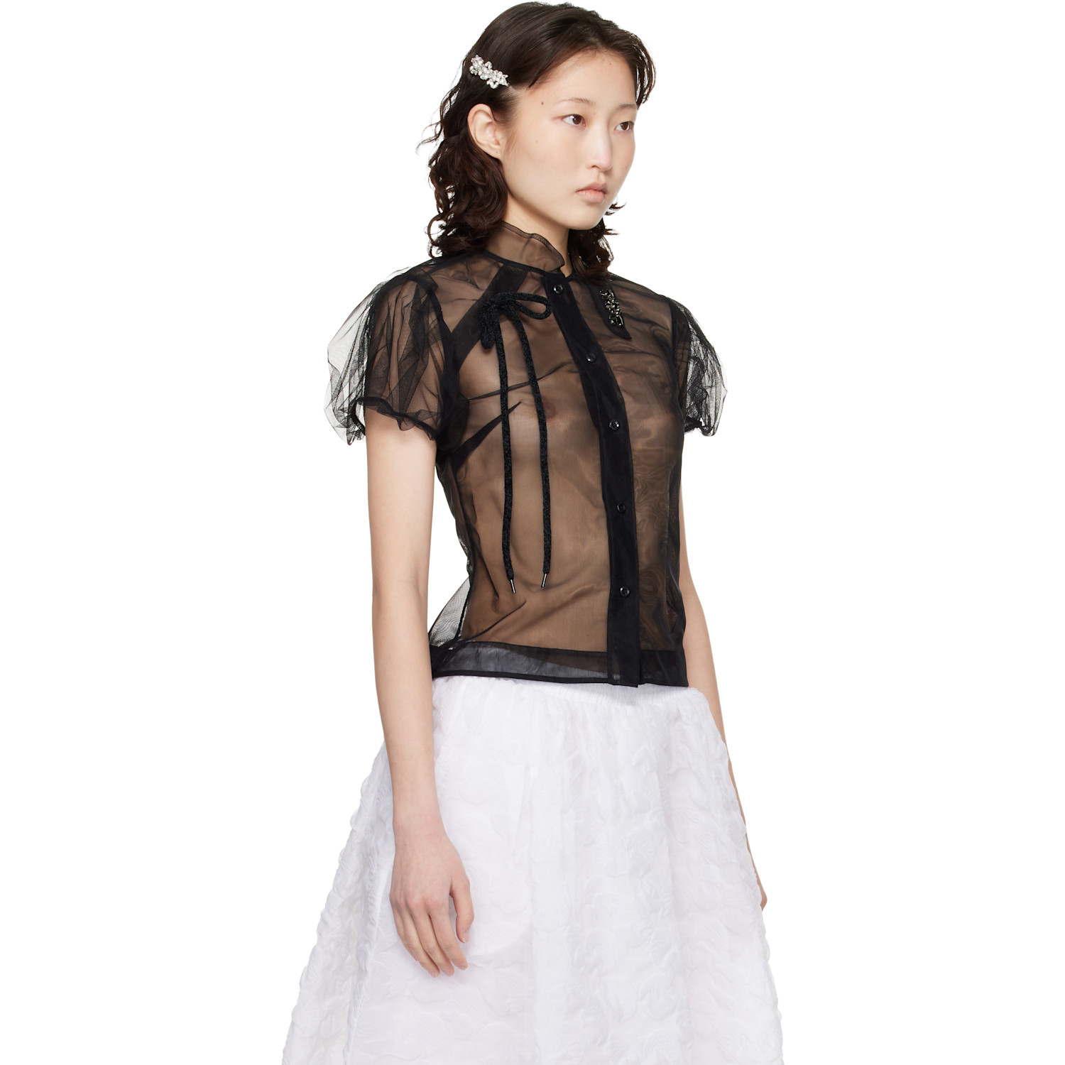  Simone Rocha Black Embellished Sheer Offset Fragment Collar Shirt 