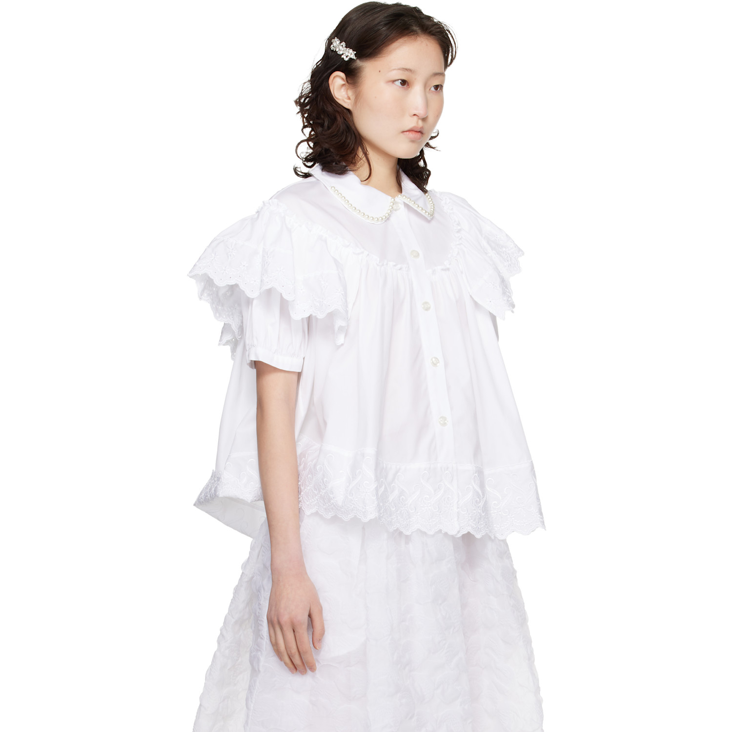  Simone Rocha White Cropped Puff Sleeve Ruffle Frill Shirt 