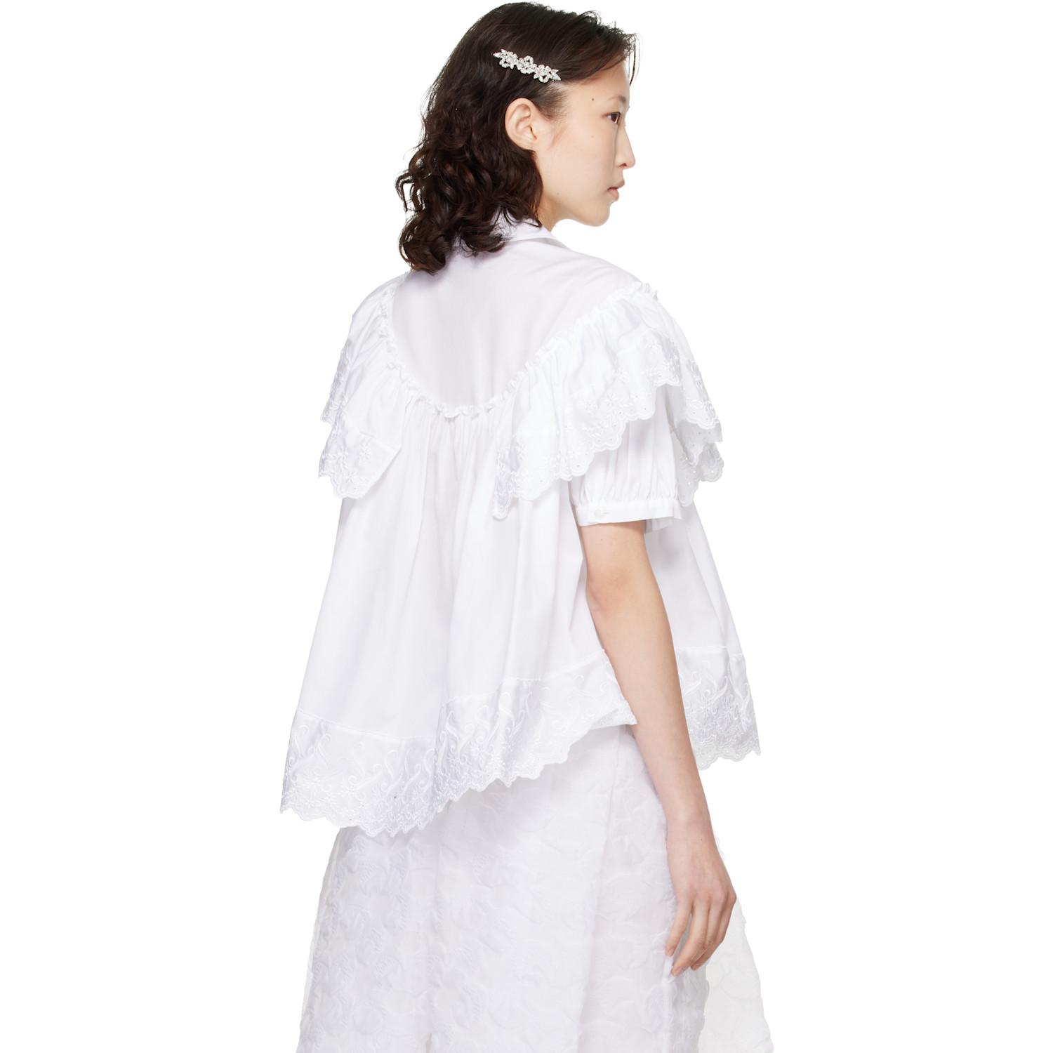  Simone Rocha White Cropped Puff Sleeve Ruffle Frill Shirt 