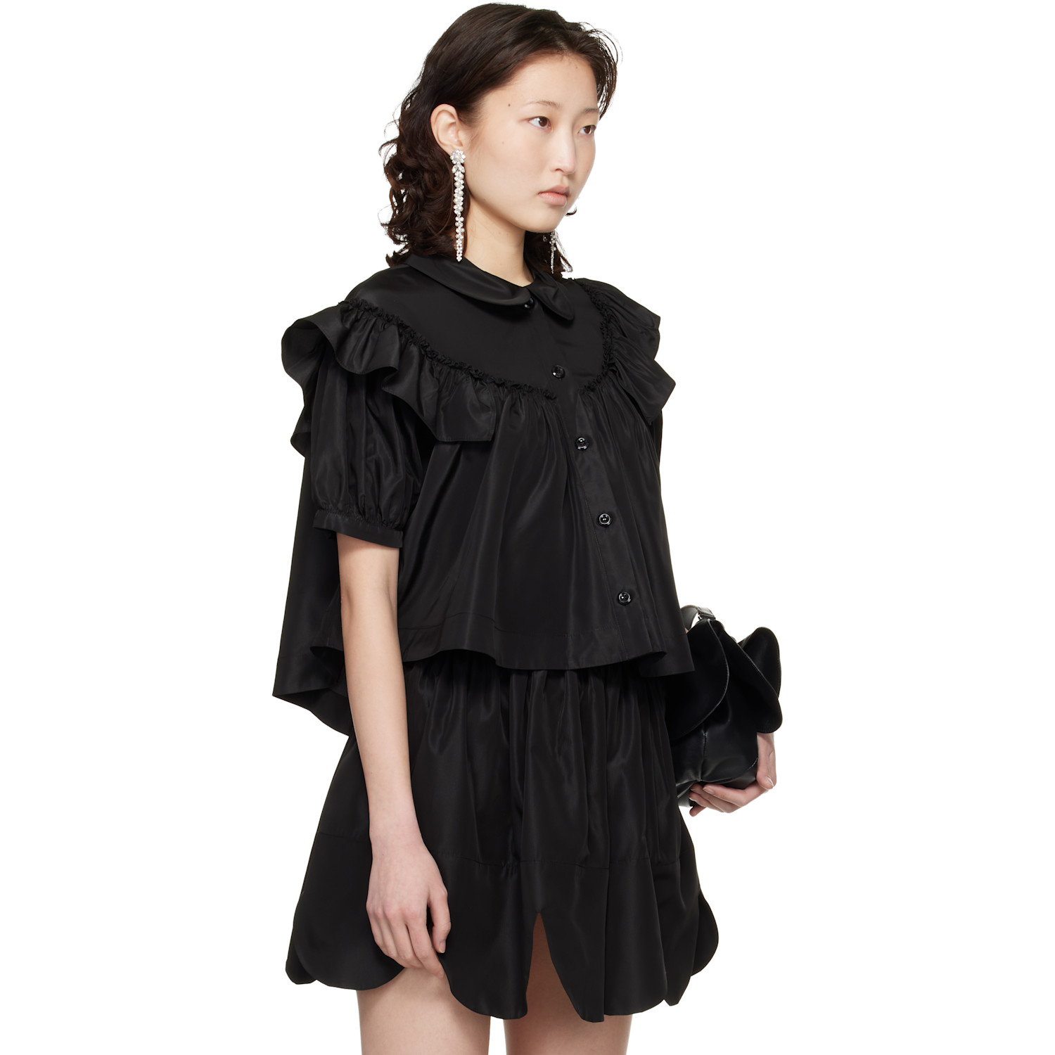  Simone Rocha Black Cropped Puff Sleeve Ruffle Frill Shirt 