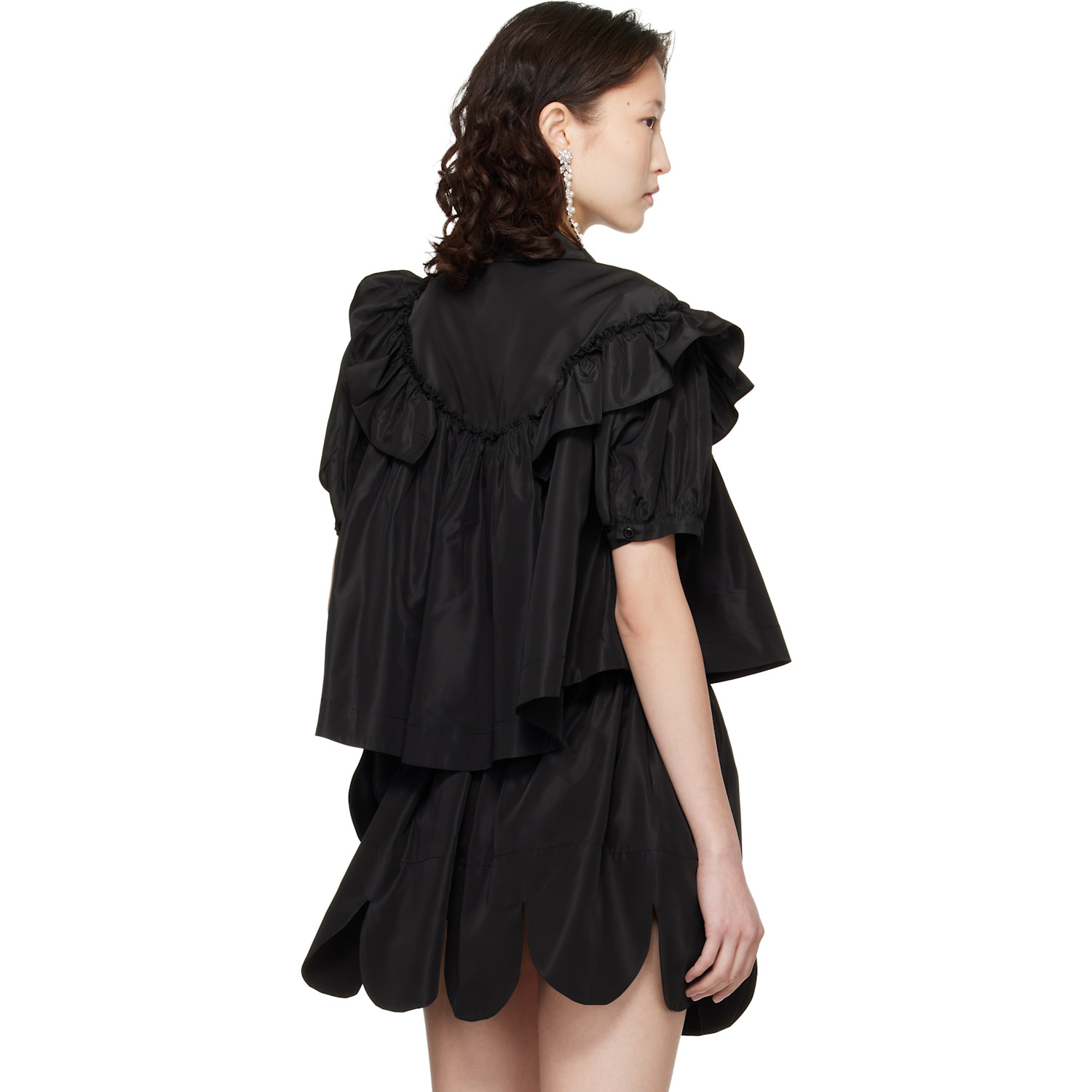  Simone Rocha Black Cropped Puff Sleeve Ruffle Frill Shirt 