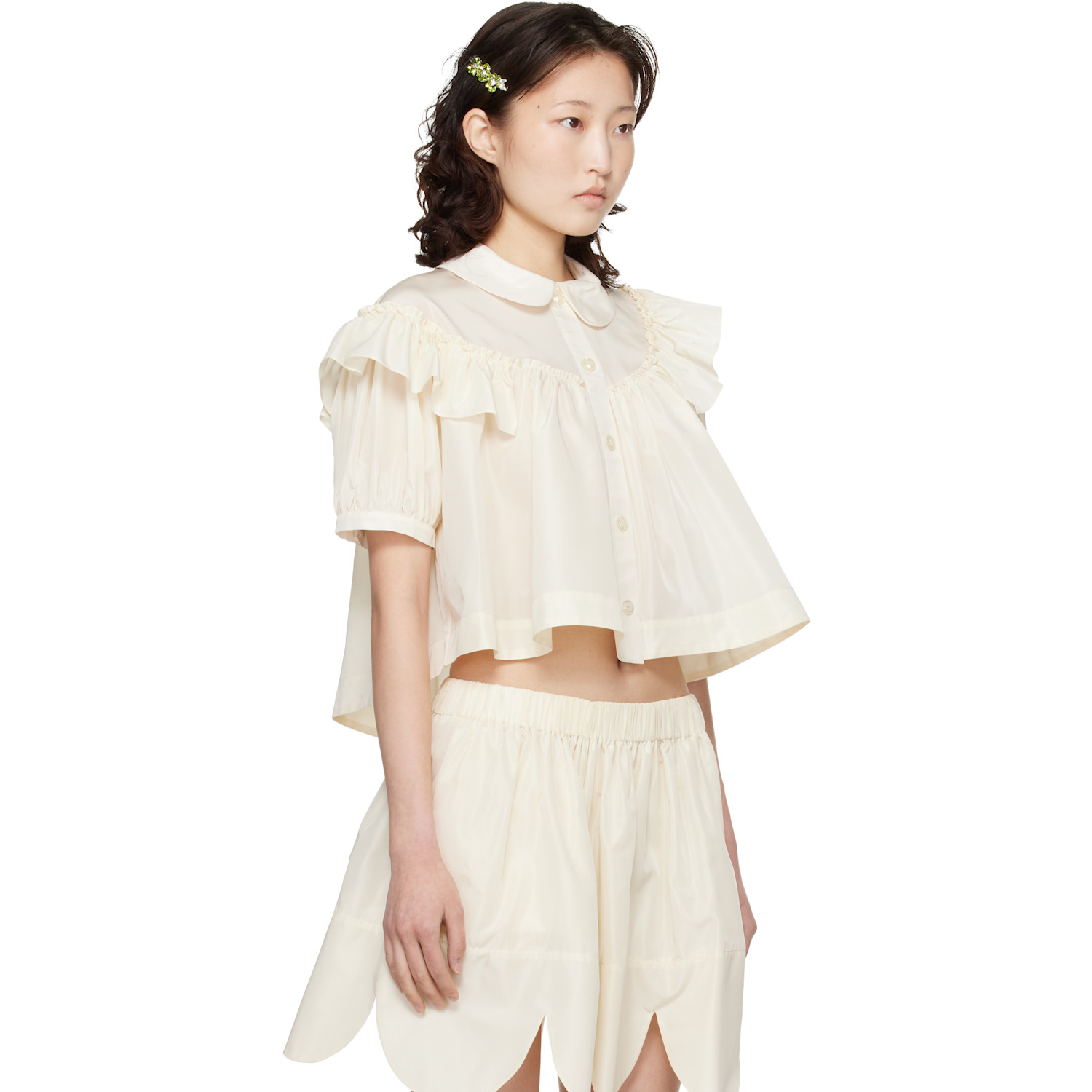  Simone Rocha Off-white Cropped Puff Sleeve Ruffle Frill Shirt 