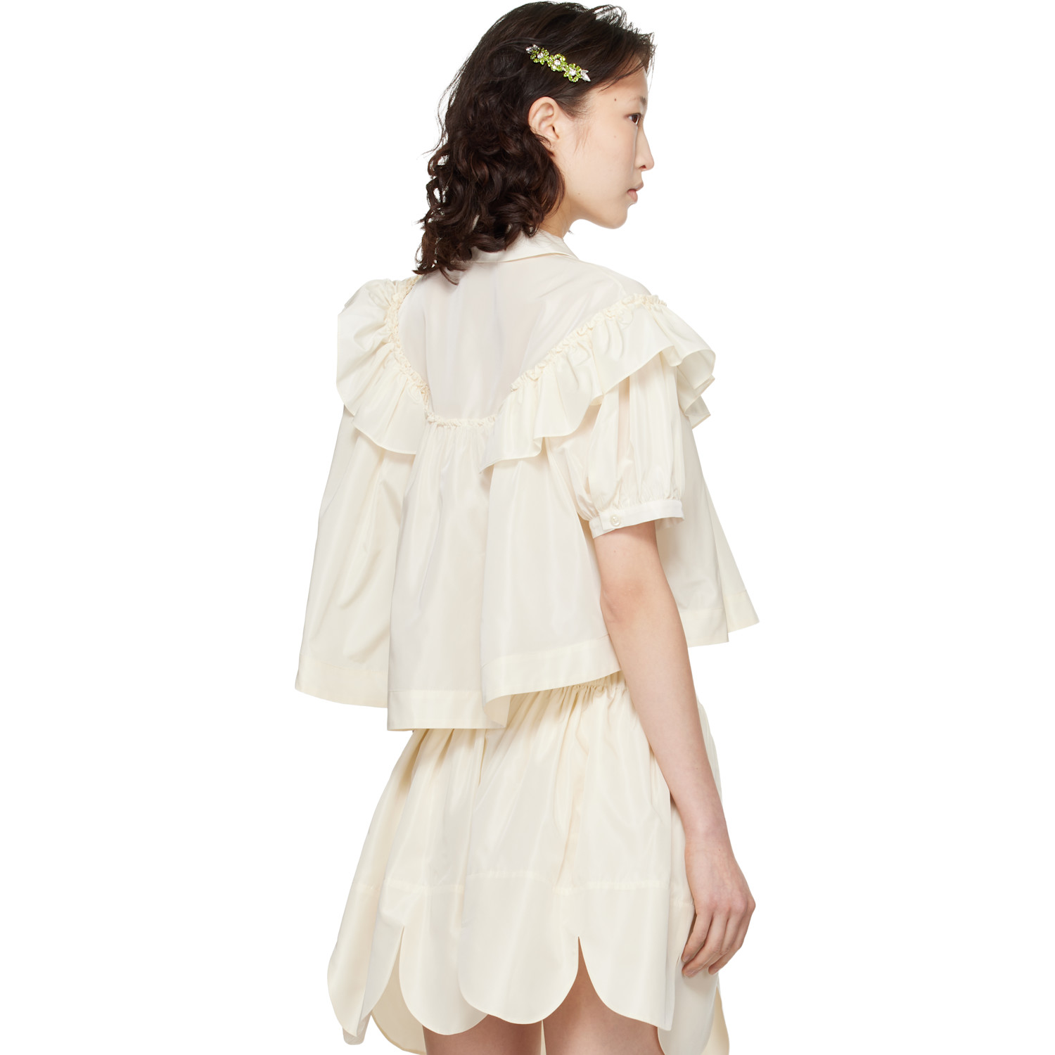  Simone Rocha Off-white Cropped Puff Sleeve Ruffle Frill Shirt 