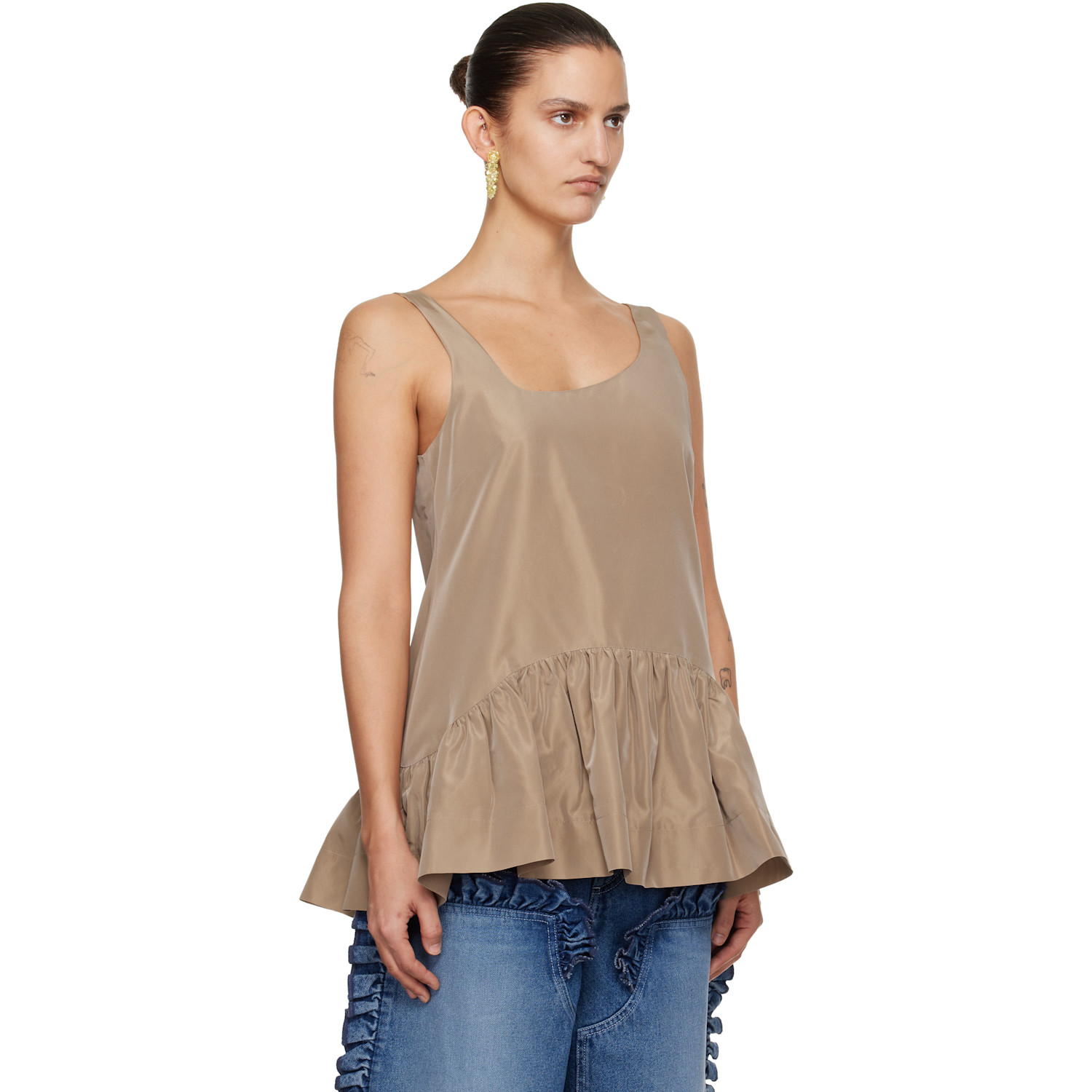  Simone Rocha Tan Tilted Neck Peplum Top 