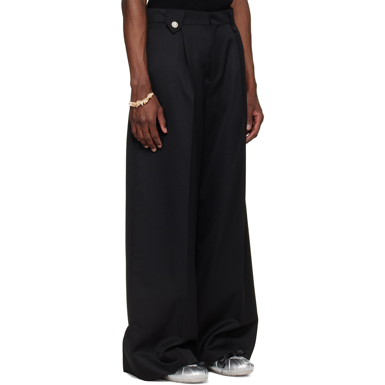  Simone Rocha Black Wide Leg Belt Loop Tab Trousers 