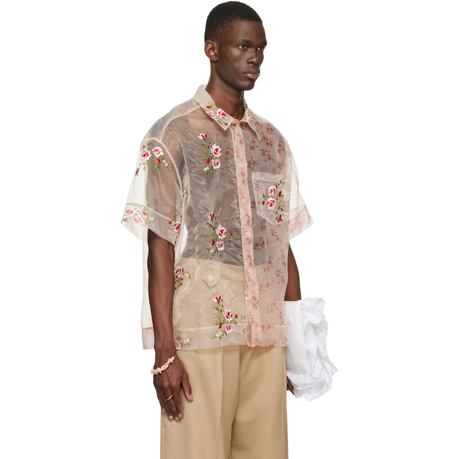  Simone Rocha Pink Sheer Patchwork Boxy Shirt 