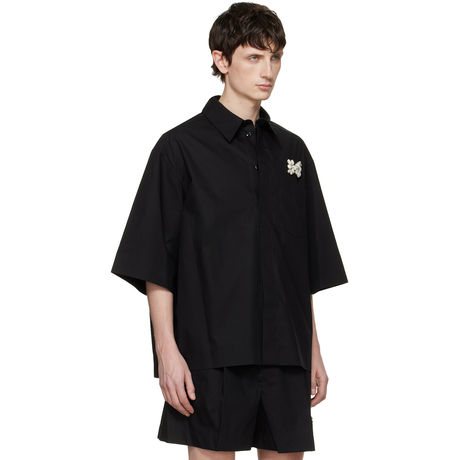  Simone Rocha Black Embellished Boxy Pen Pocket Shirt 