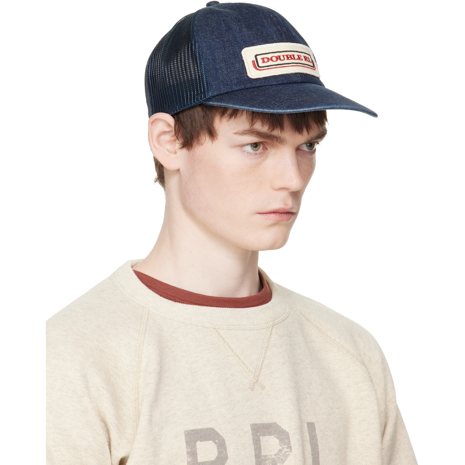  Rrl Navy Logo-patch Indigo Denim Trucker Cap 