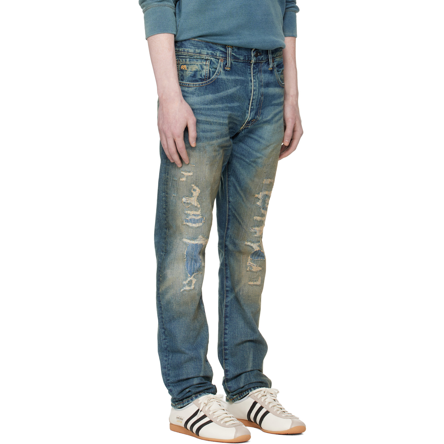  Rrl Blue High Slim Brannon Distressed Jeans 