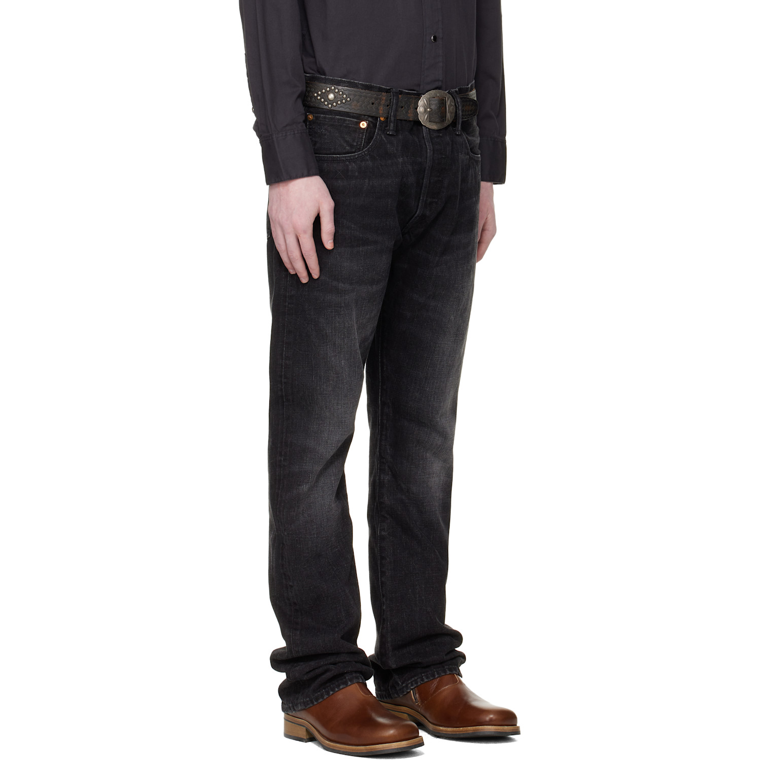  Rrl Black Slim Boot Distressed Selvedge Jeans 