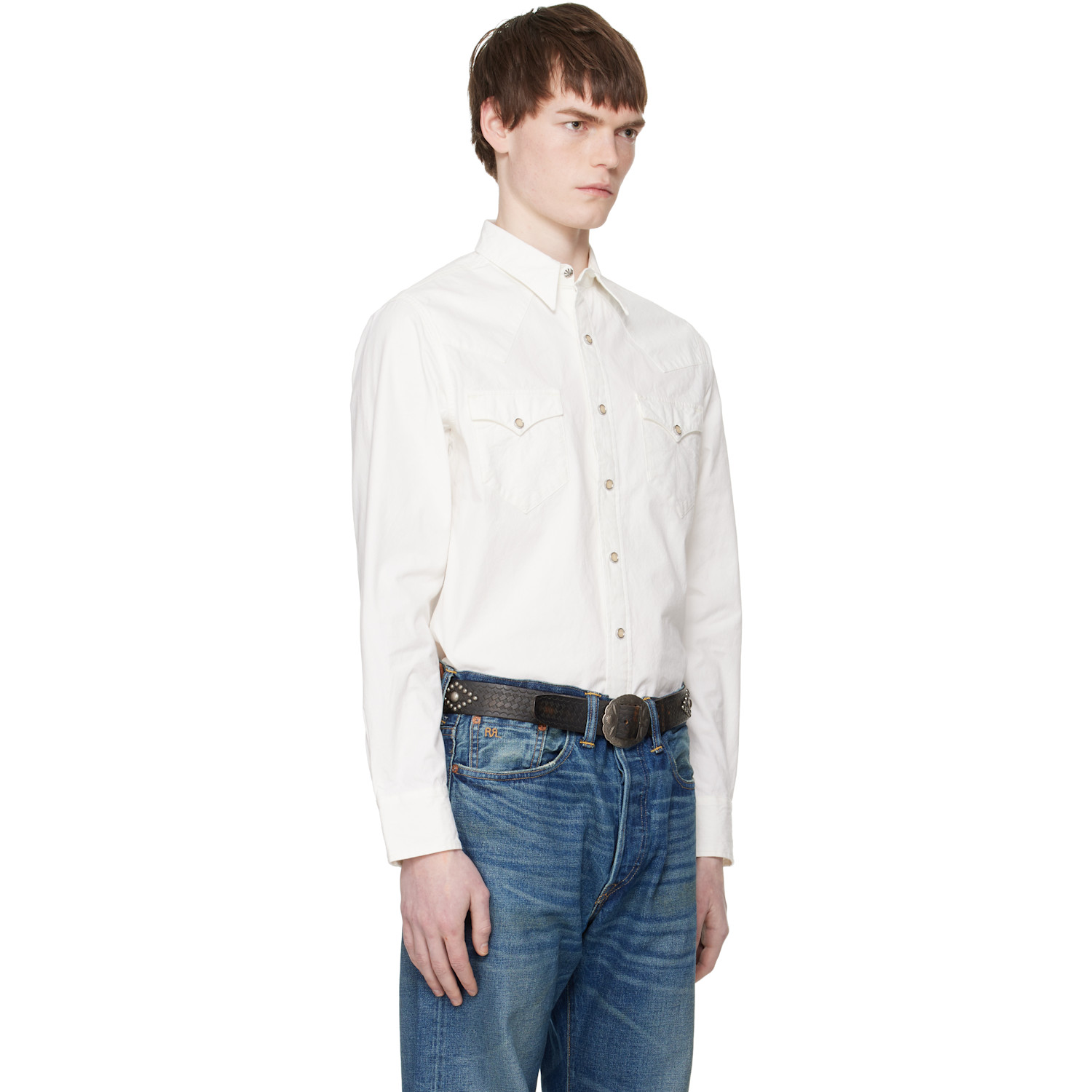  Rrl White Slim Fit Poplin Western Shirt 