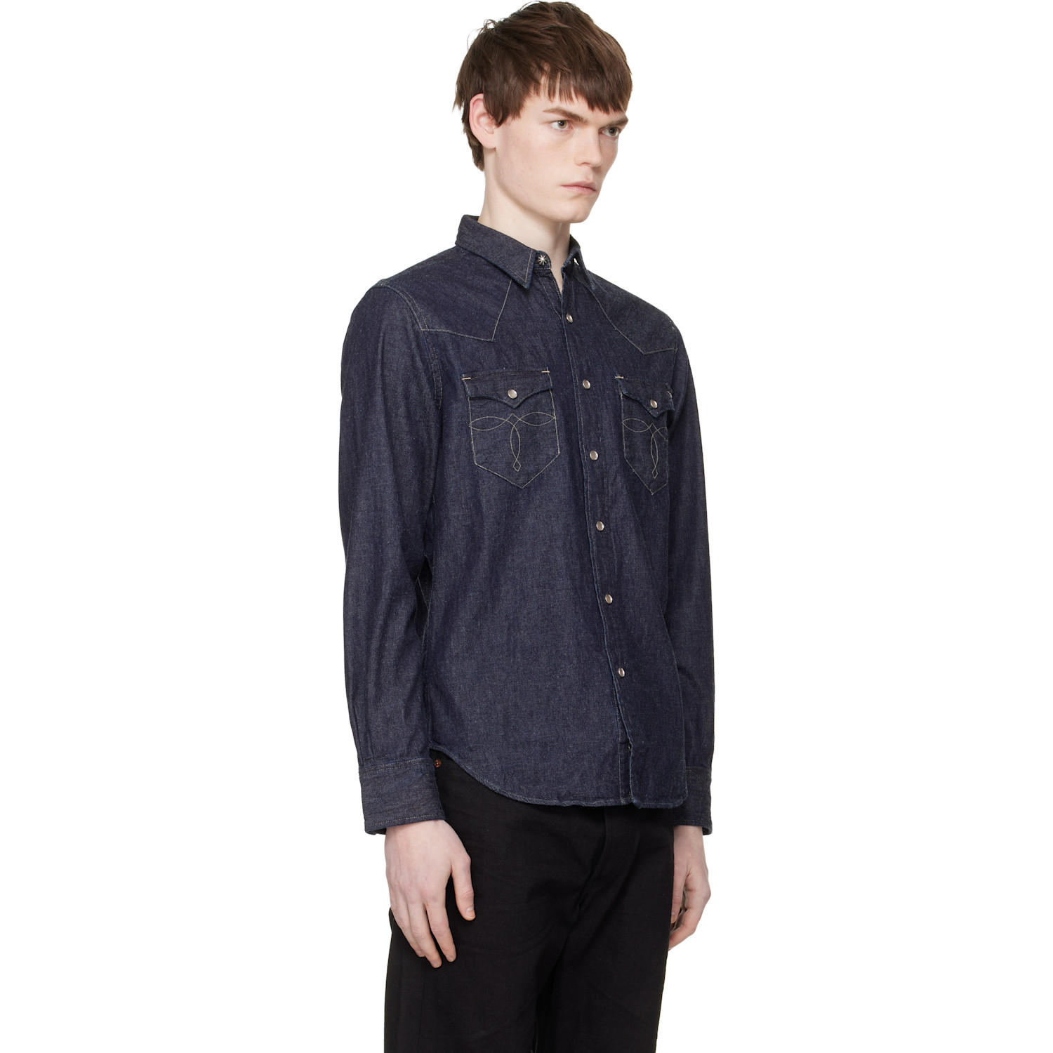  Rrl Navy Slim Fit Denim Western Shirt 
