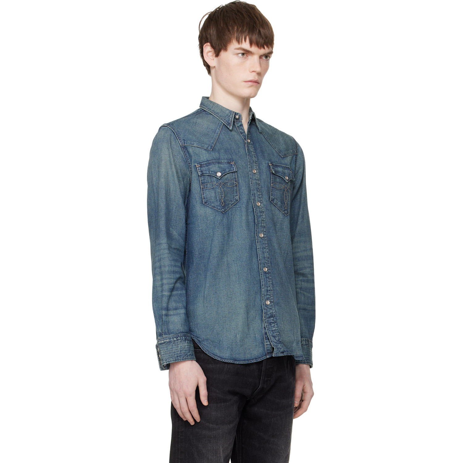  Rrl Blue Slim Fit Denim Western Shirt 