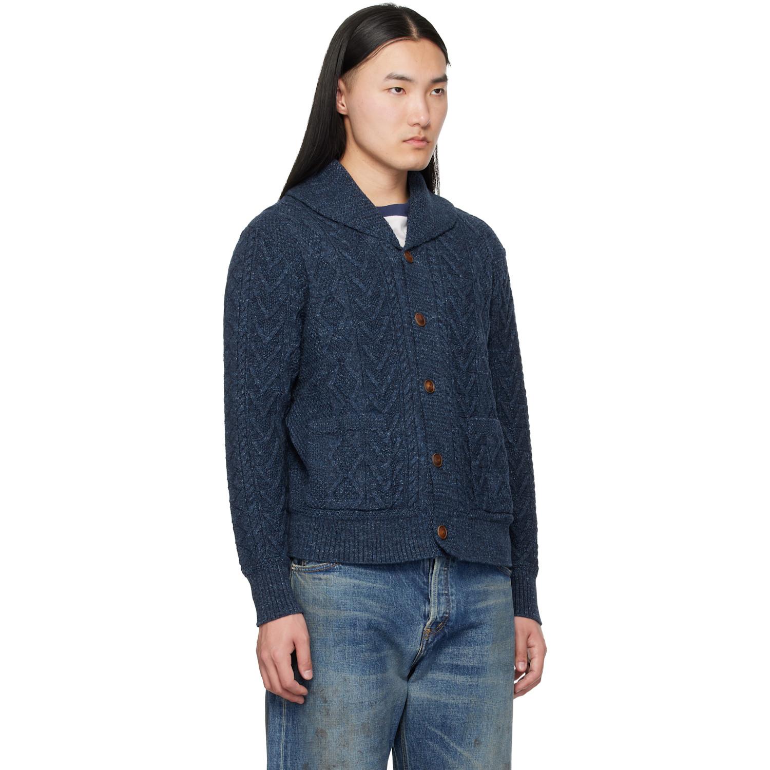  Rrl Navy Aran-knit Cotton Cardigan 