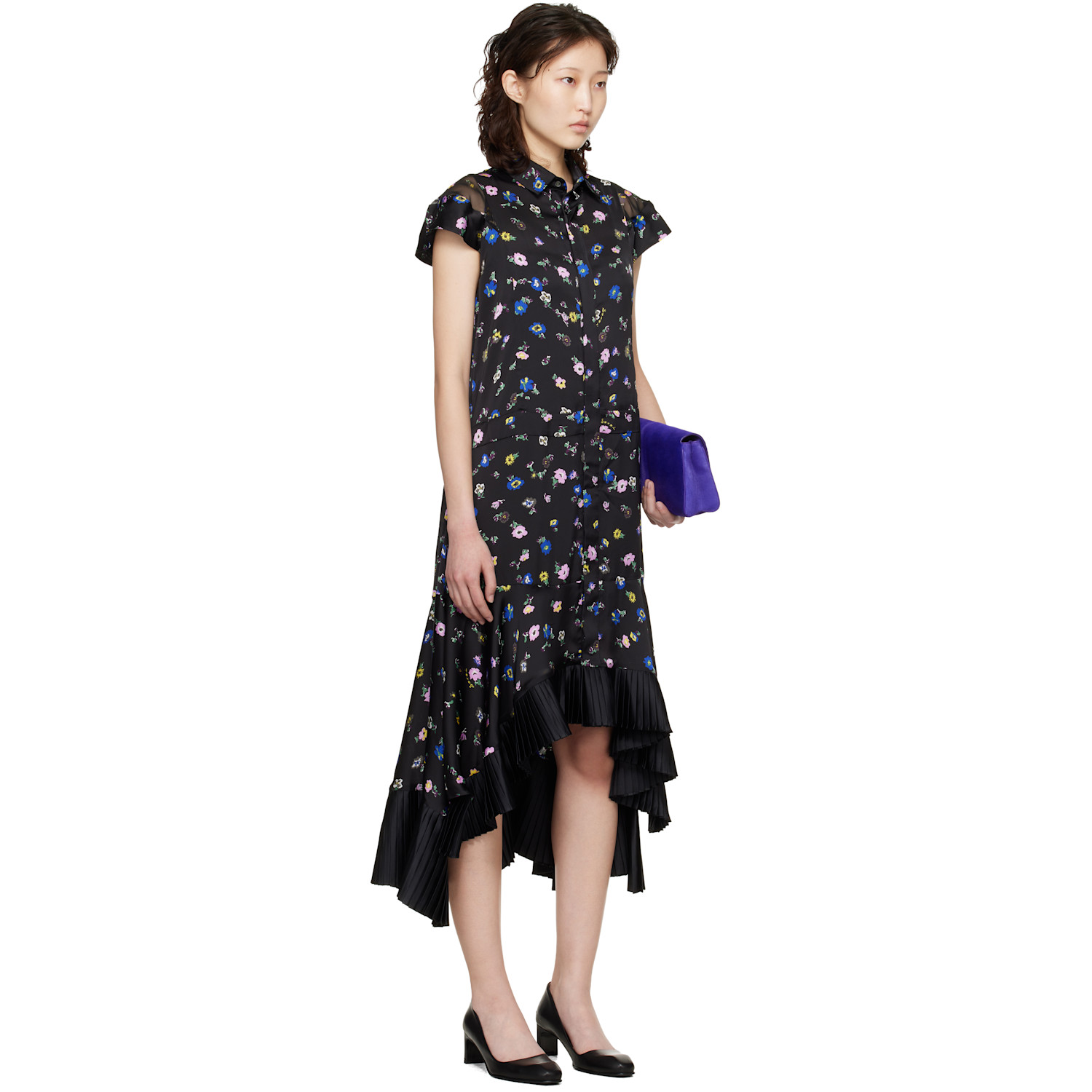  Sacai Black Floral Printed Midi Dress 