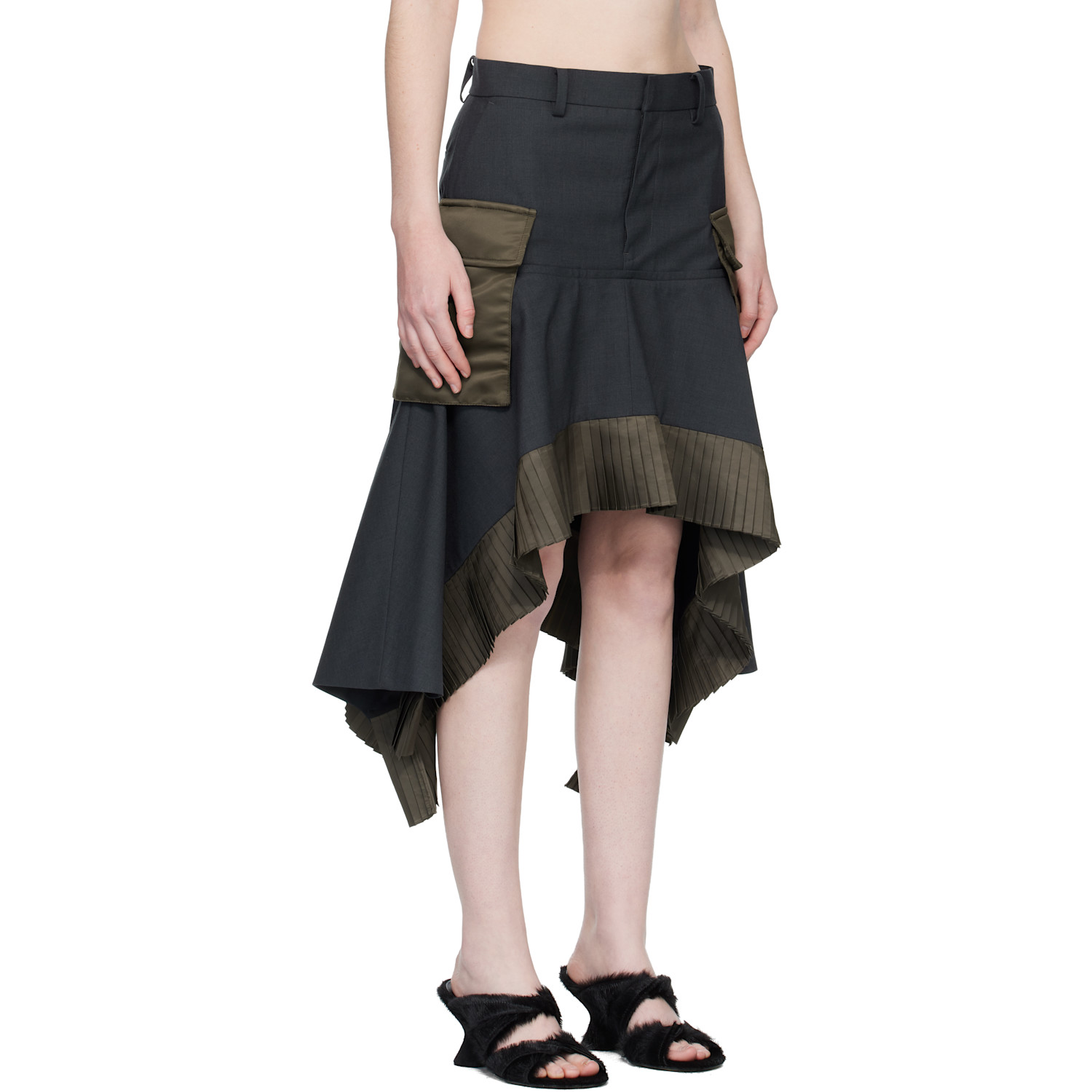  Sacai Gray Suiting & Nylon Twill Midi Skirt 