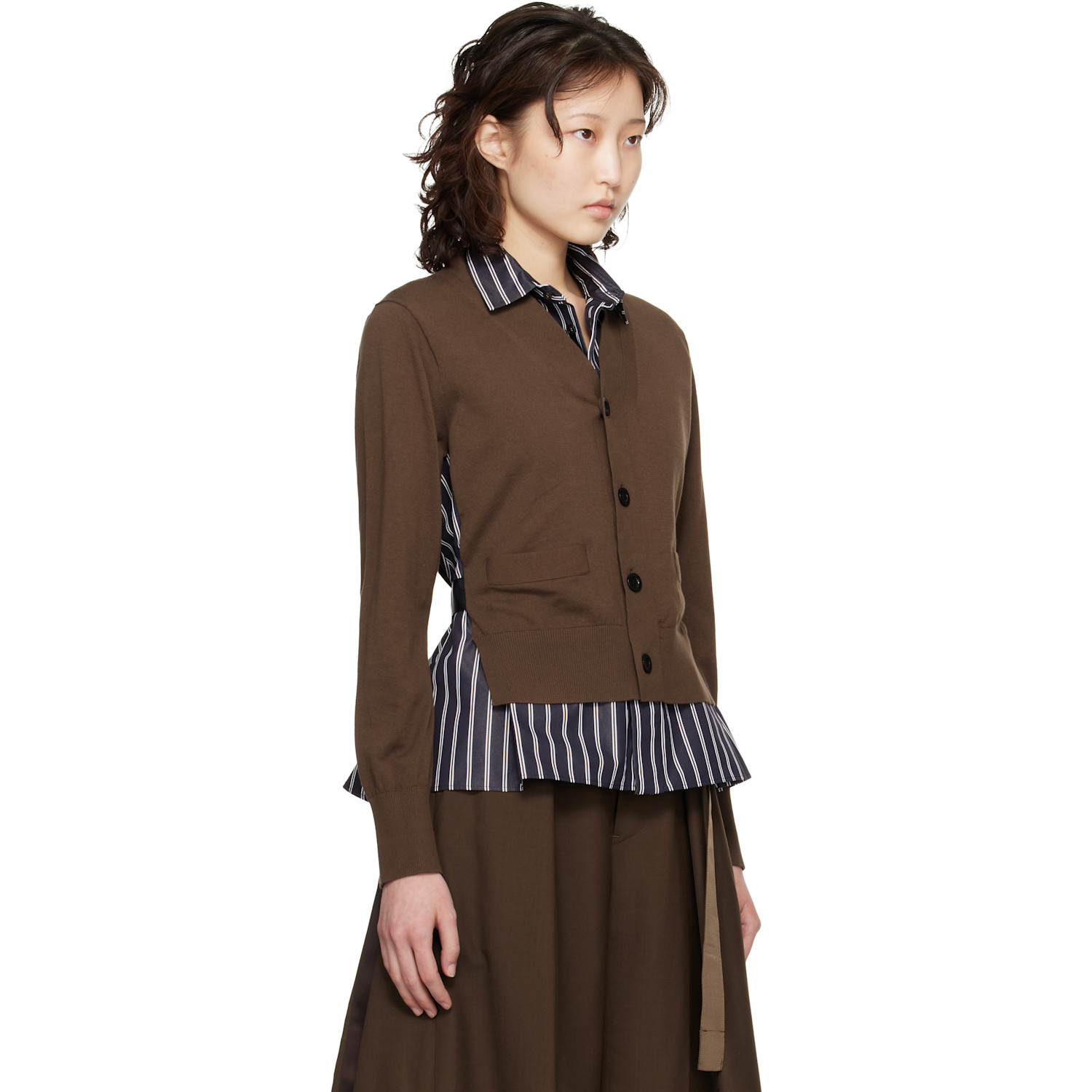  Sacai Brown Poplin & Cotton Knit Cardigan 