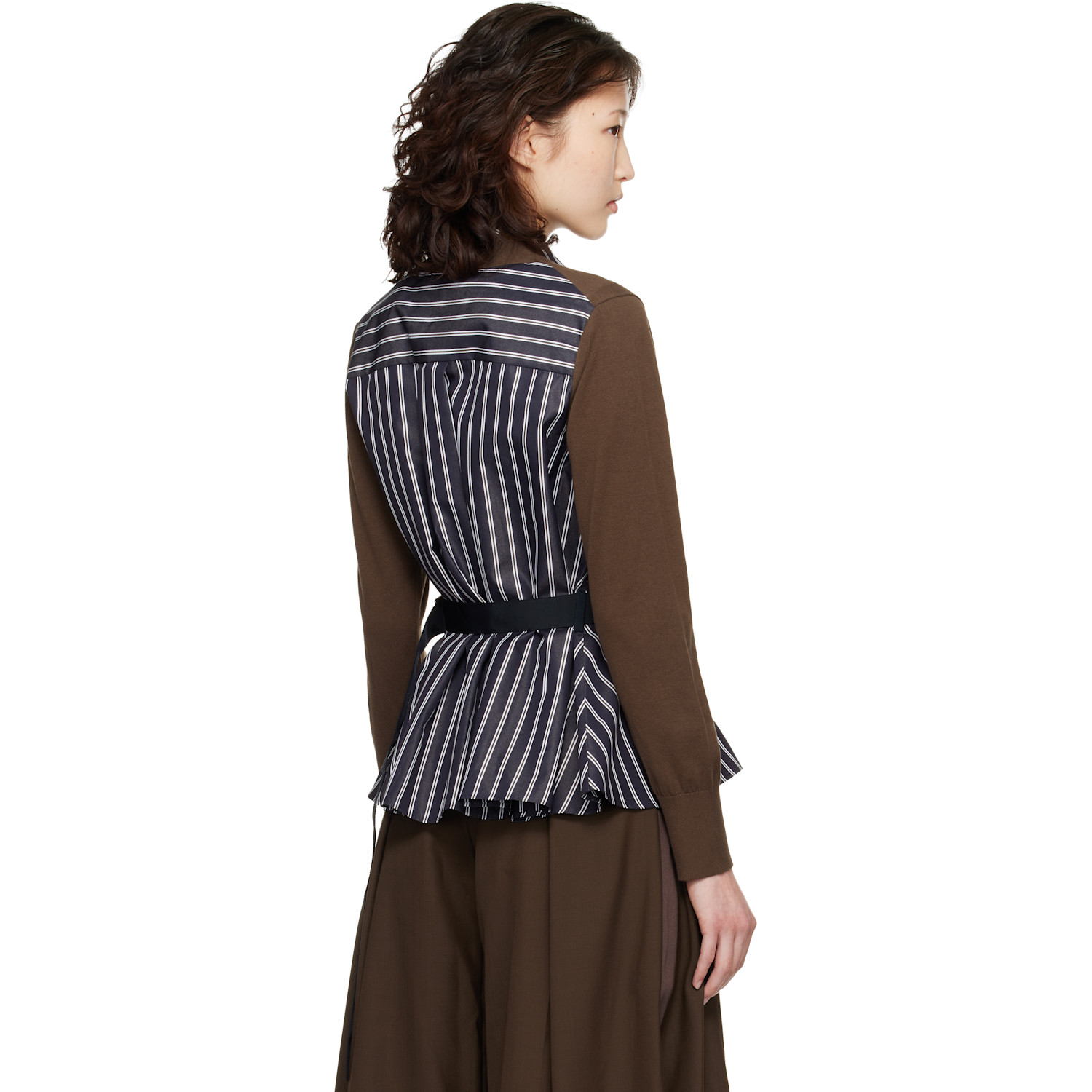  Sacai Brown Poplin & Cotton Knit Cardigan 