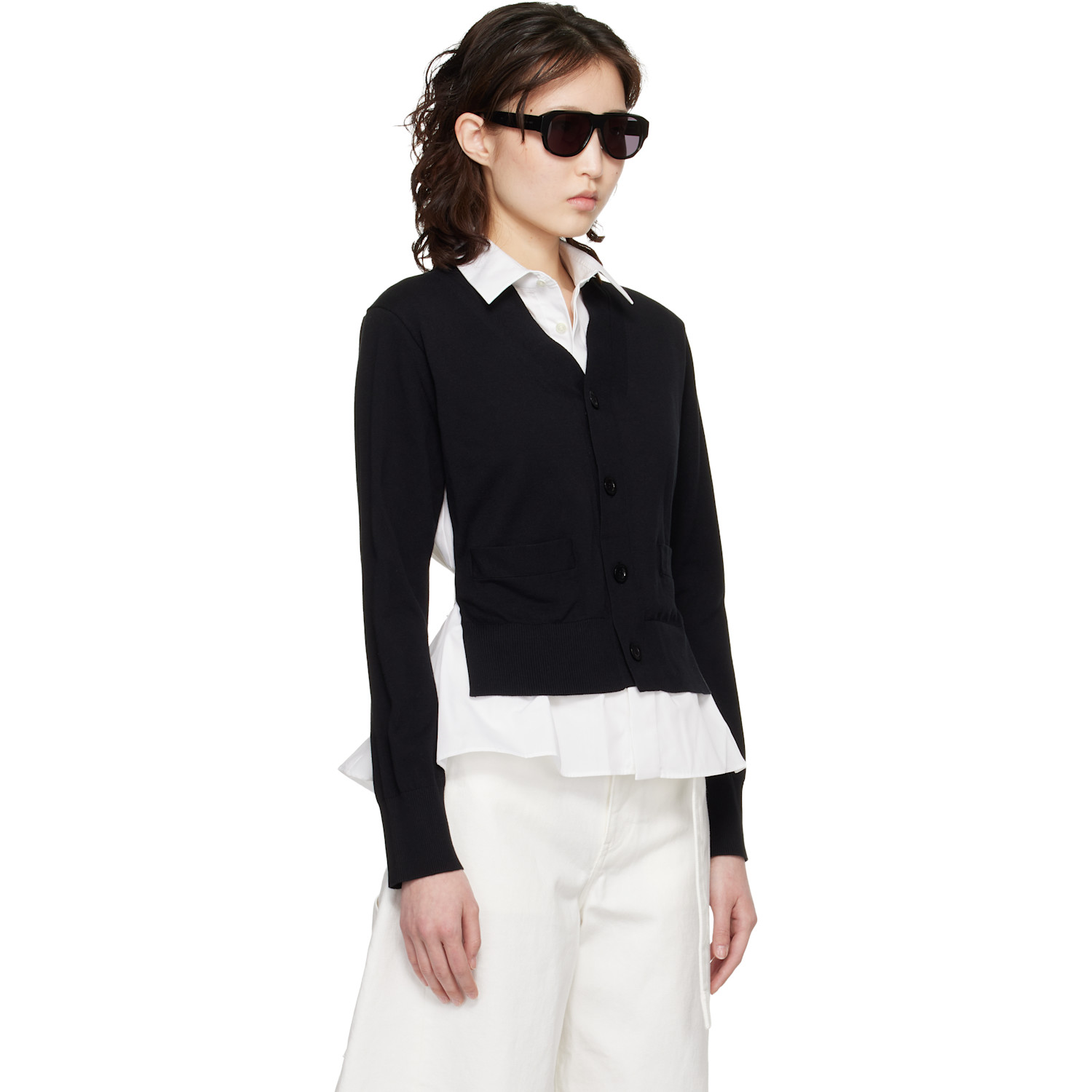  Sacai Black & White Poplin Cotton Knit Cardigan 