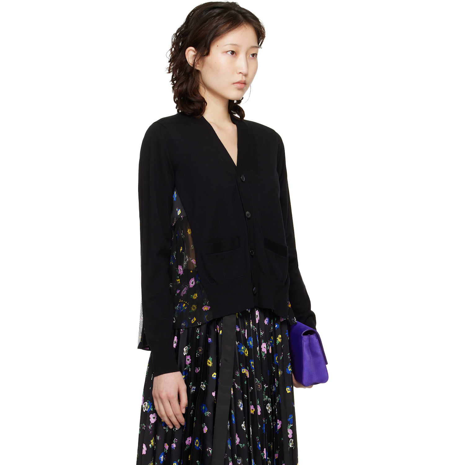  Sacai Black Floral Print Cotton Knit Cardigan 