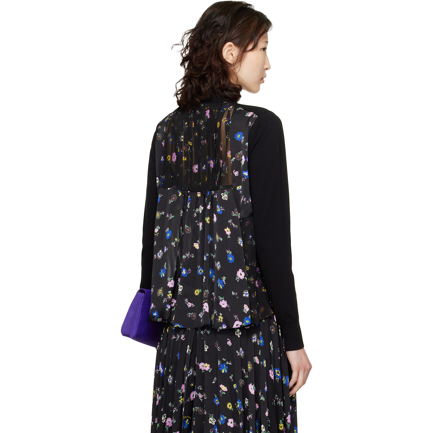  Sacai Black Floral Print Cotton Knit Cardigan 