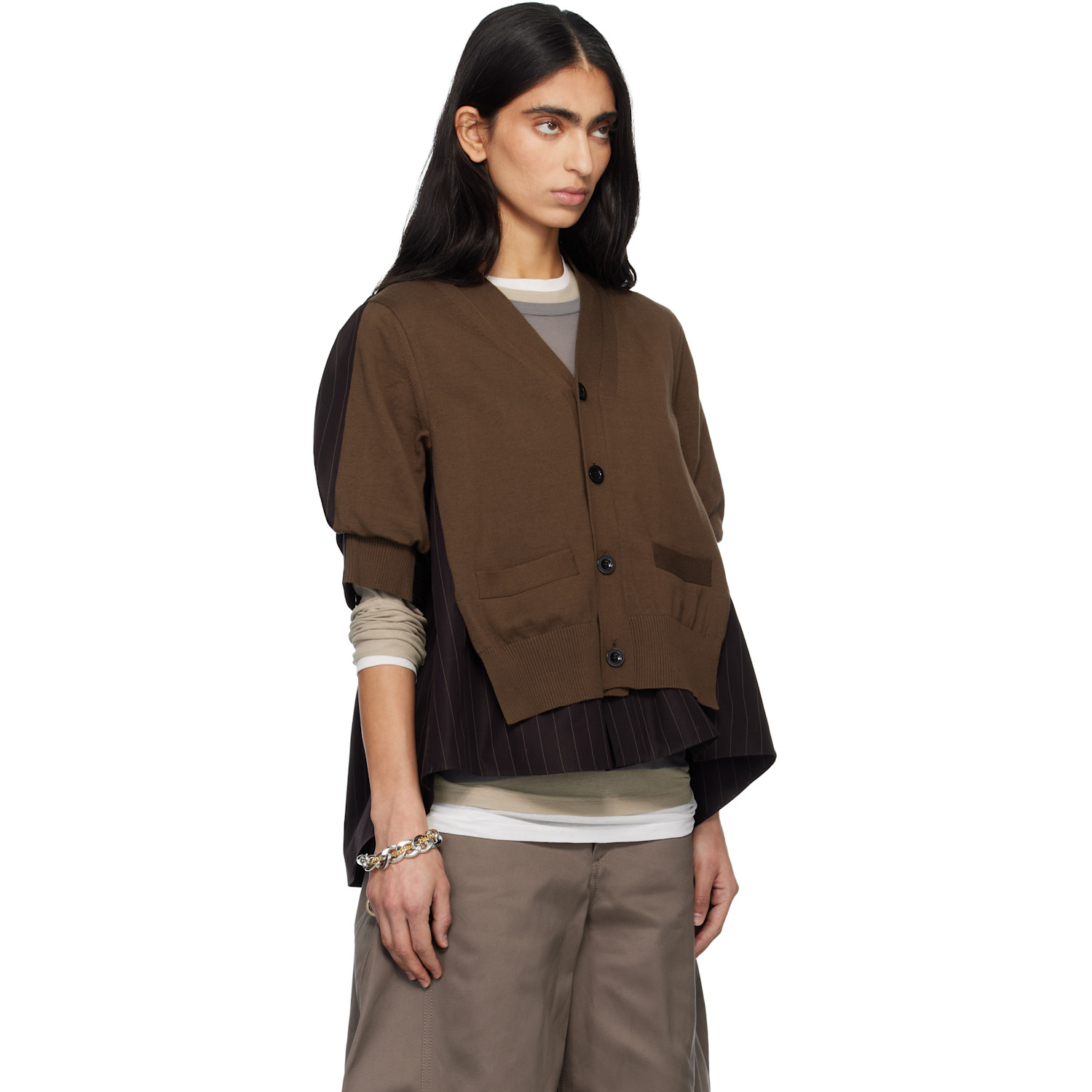  Sacai Brown Chalk Stripe & Cotton Knit Cardigan 