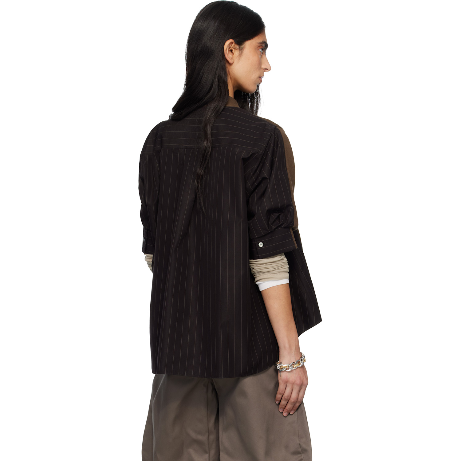  Sacai Brown Chalk Stripe & Cotton Knit Cardigan 